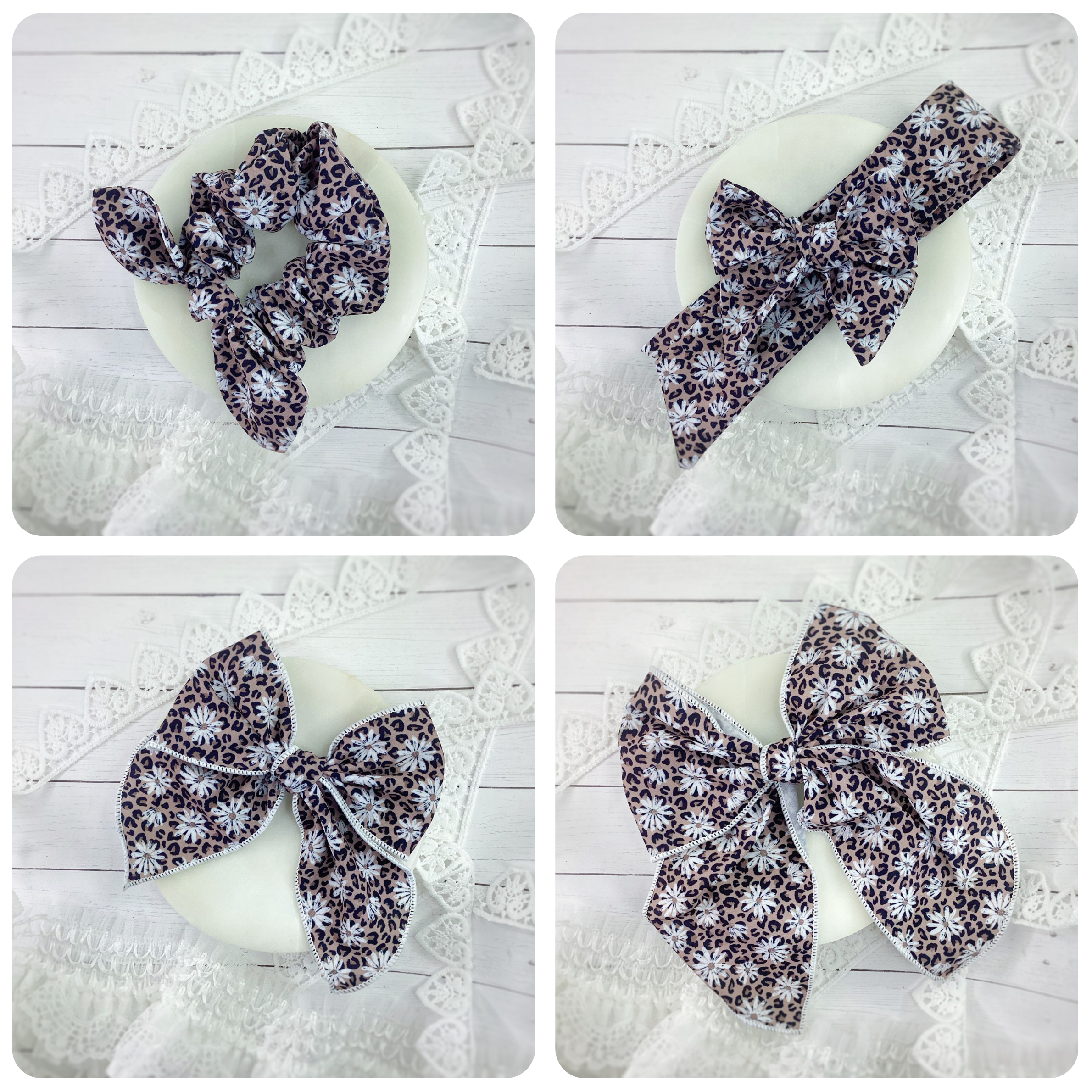 Leopard Daisy Bow Strip and Scrunchie Collection