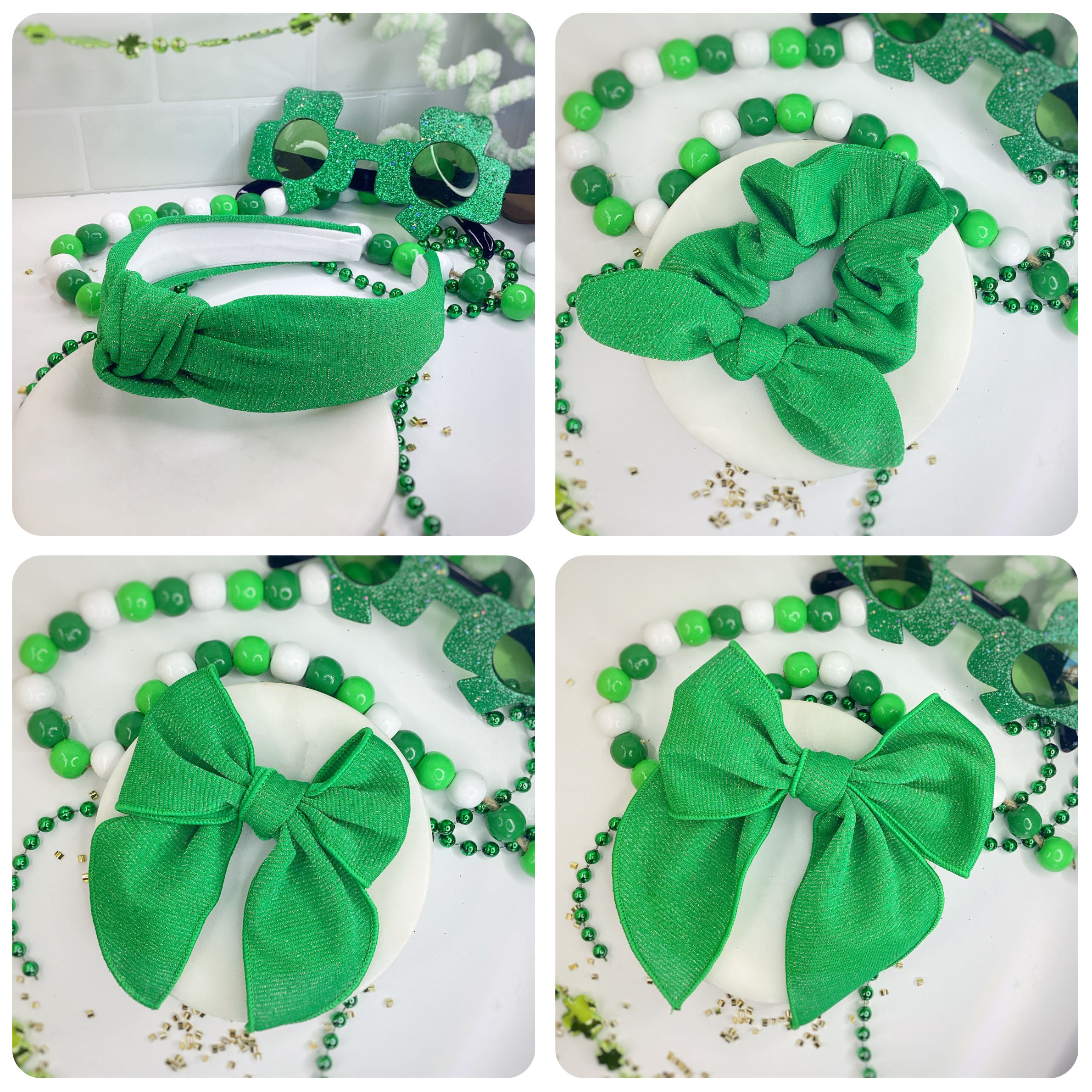 Kelly Green Shimmer Bow Strip, Headband and Scrunchie Collection