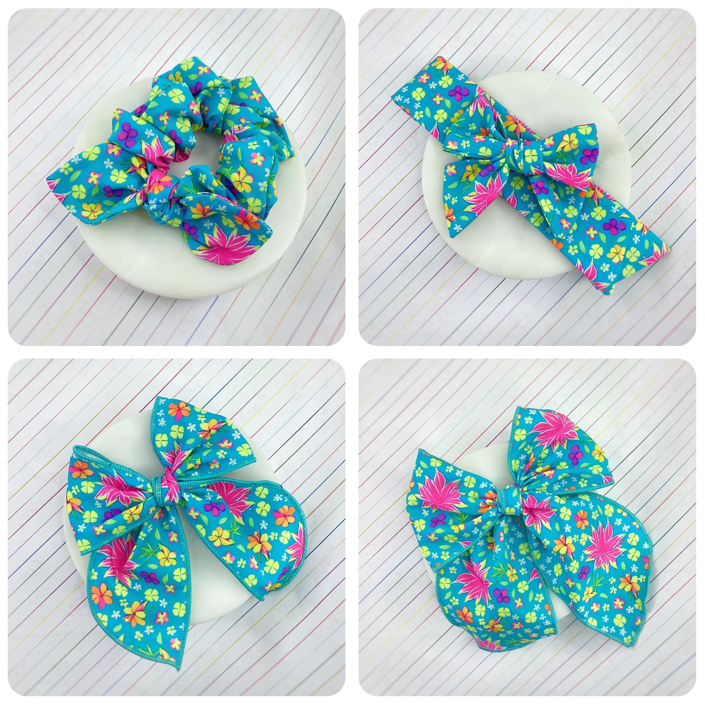 Neon Tropical Flowers Bow Strip and Scrunchie Collection