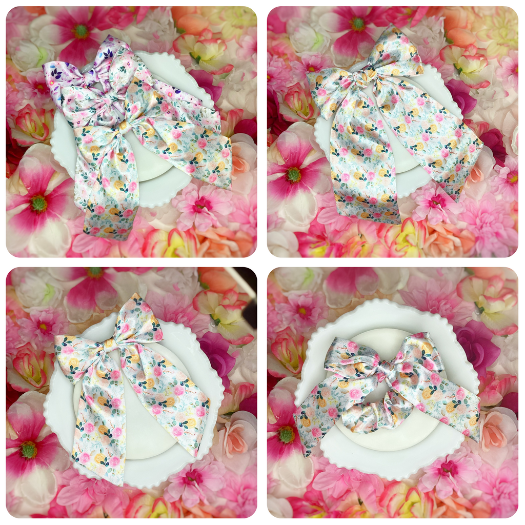Yellow and Pink Satin Floral Coquette Bow and Bow Scrunchie Collection