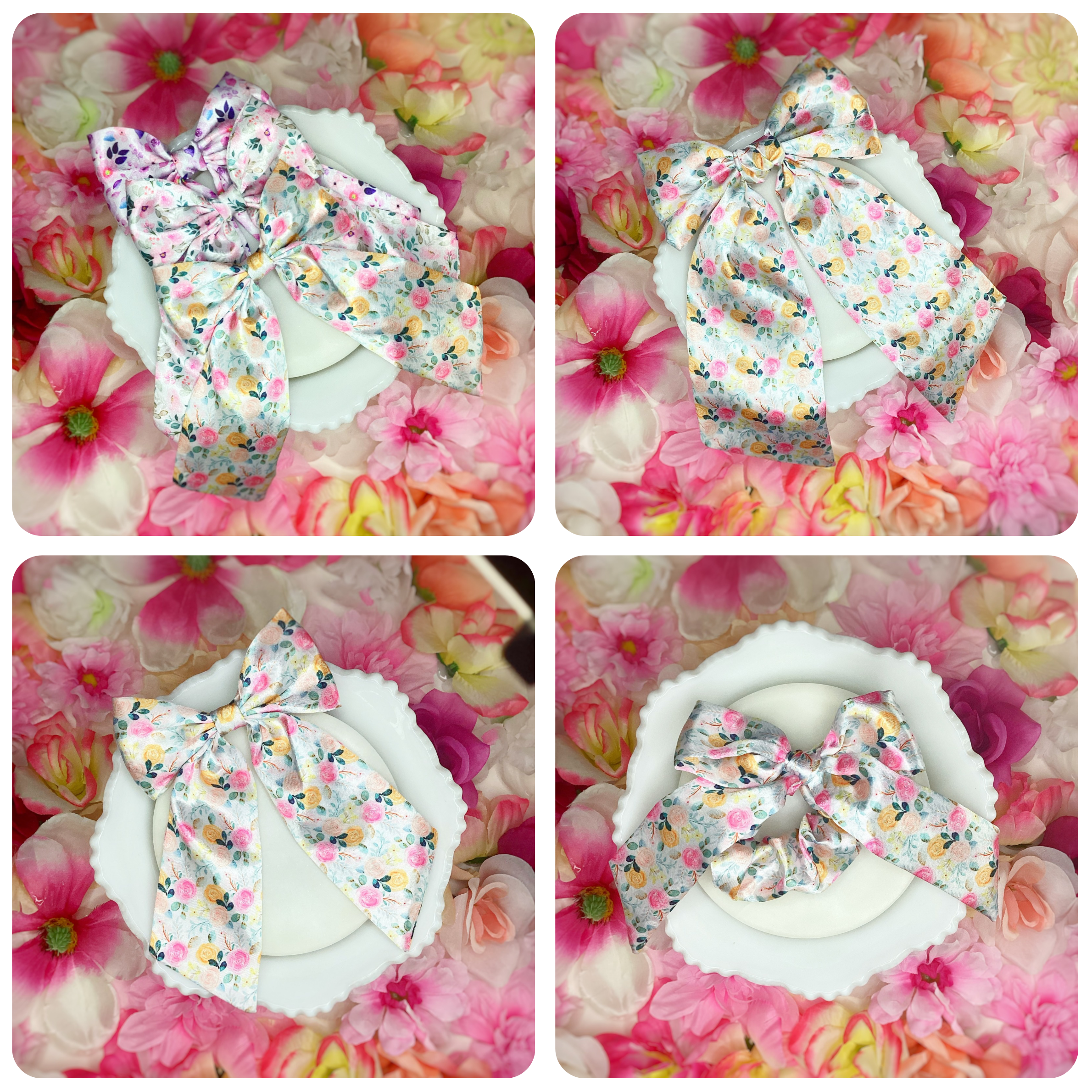 Yellow and Pink Satin Floral Coquette Bow and Bow Scrunchie Collection