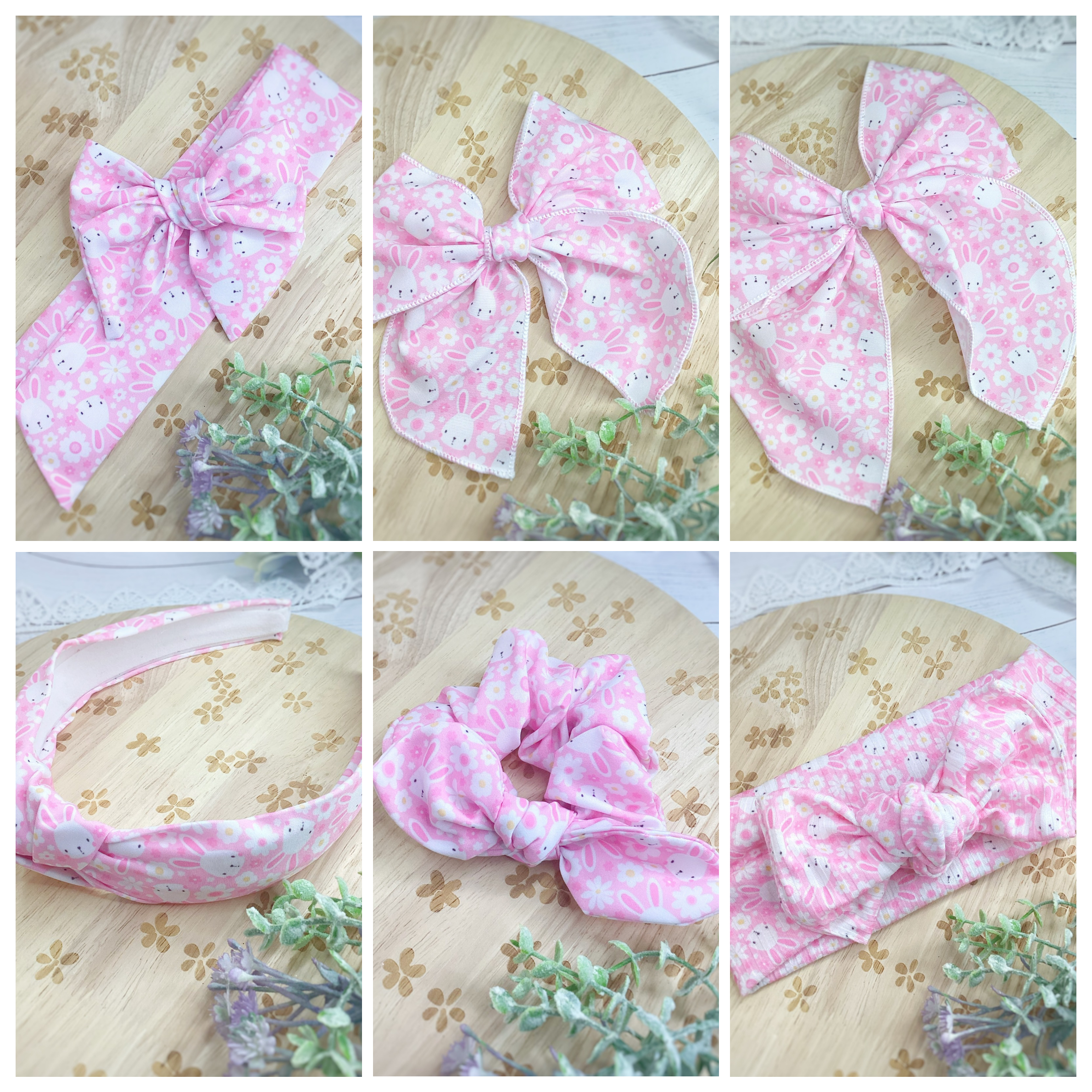 Bunnies and Daisies Bow Strip, Baby Wrap, Headband and Scrunchie Collection