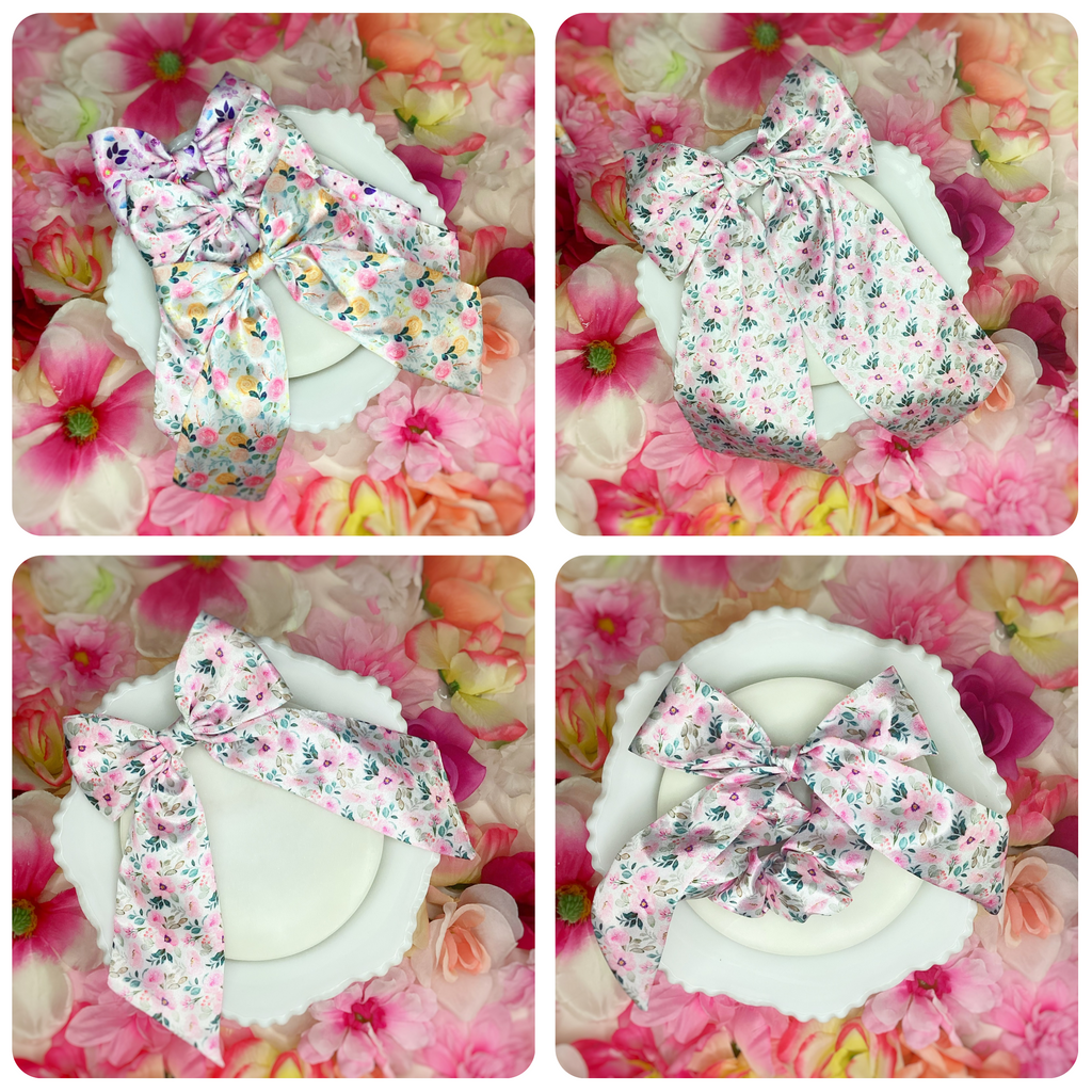 Pink Satin Floral Coquette Bow and Bow Scrunchie Collection