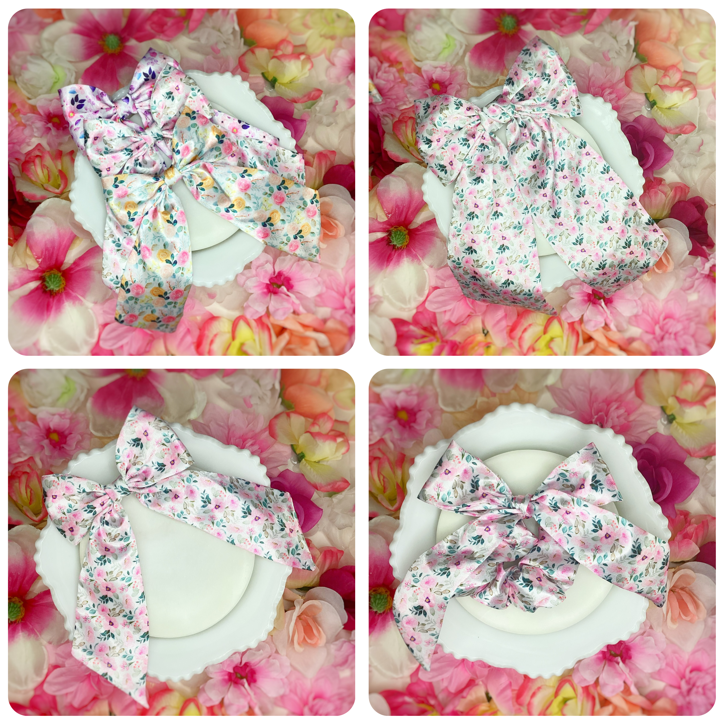 Pink Satin Floral Coquette Bow and Bow Scrunchie Collection