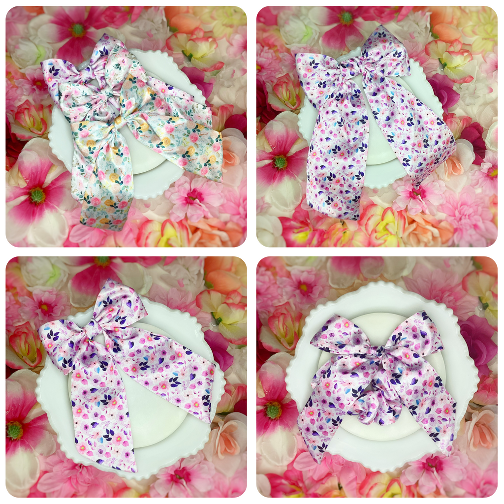 Purple Satin Floral Coquette Bow and Bow Scrunchie Collection
