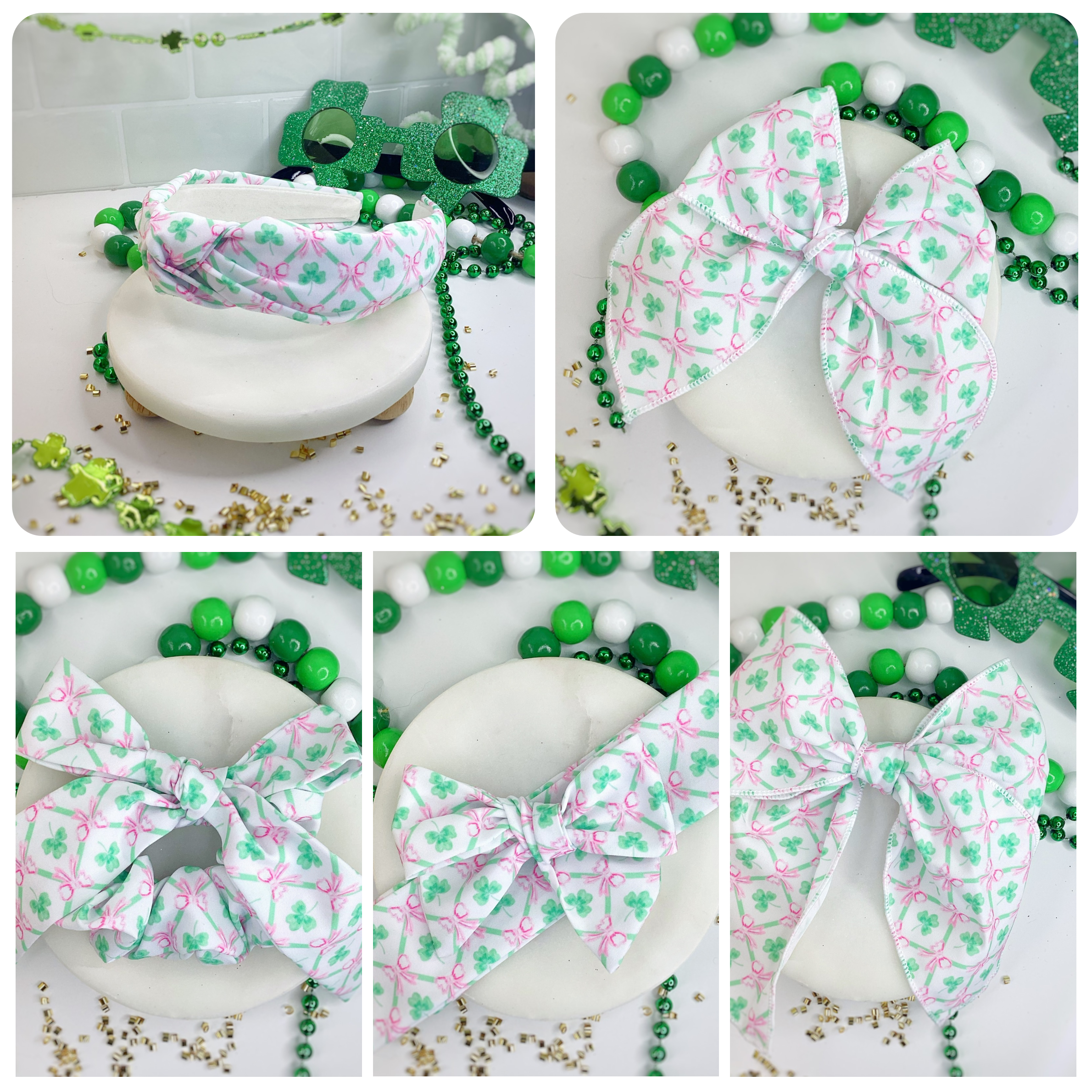 Coquette Shamrocks Bow Strip, Headband and Scrunchie Collection