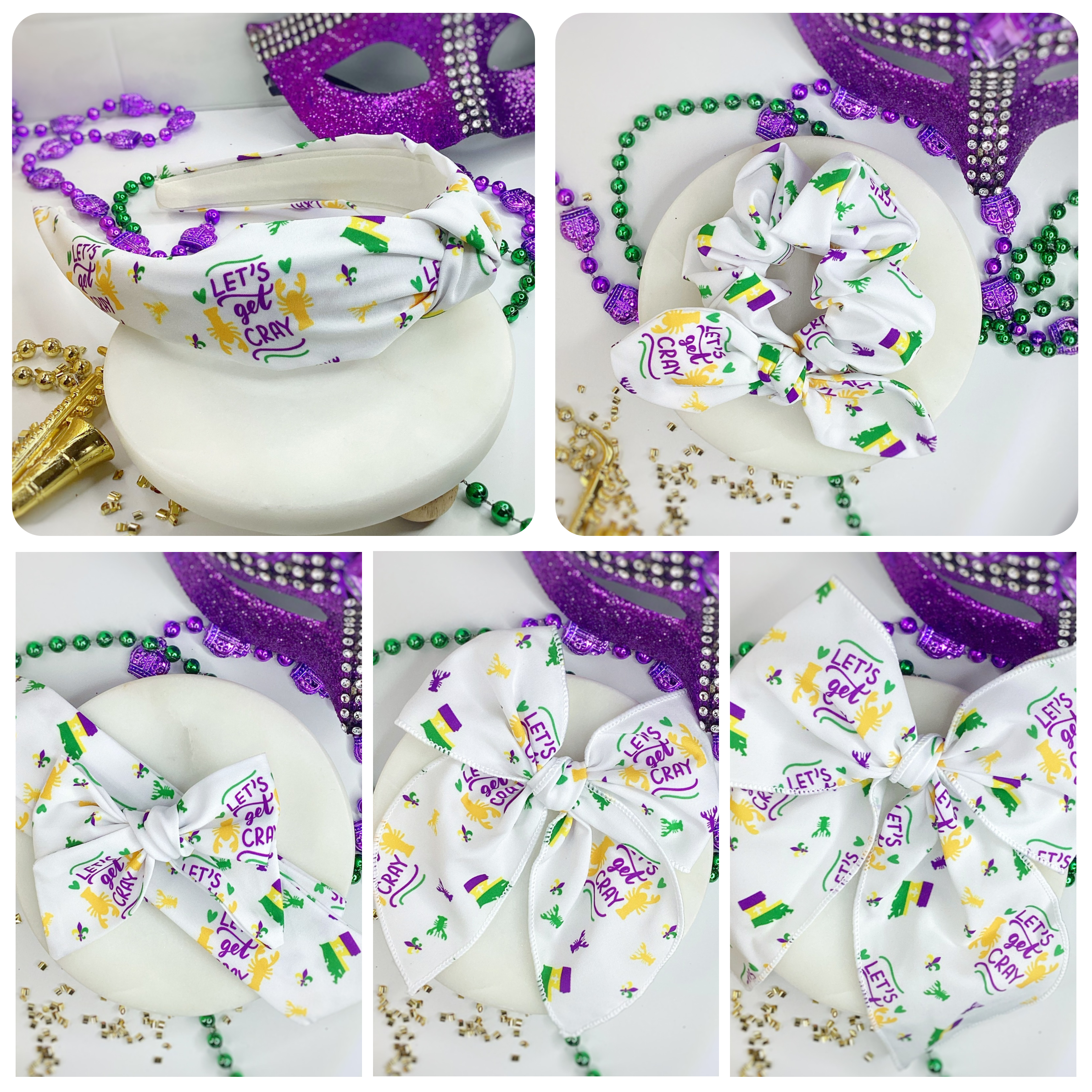 Let’s Get Cray Mardi Gras Bow Strip, Headband and Scrunchie Collection