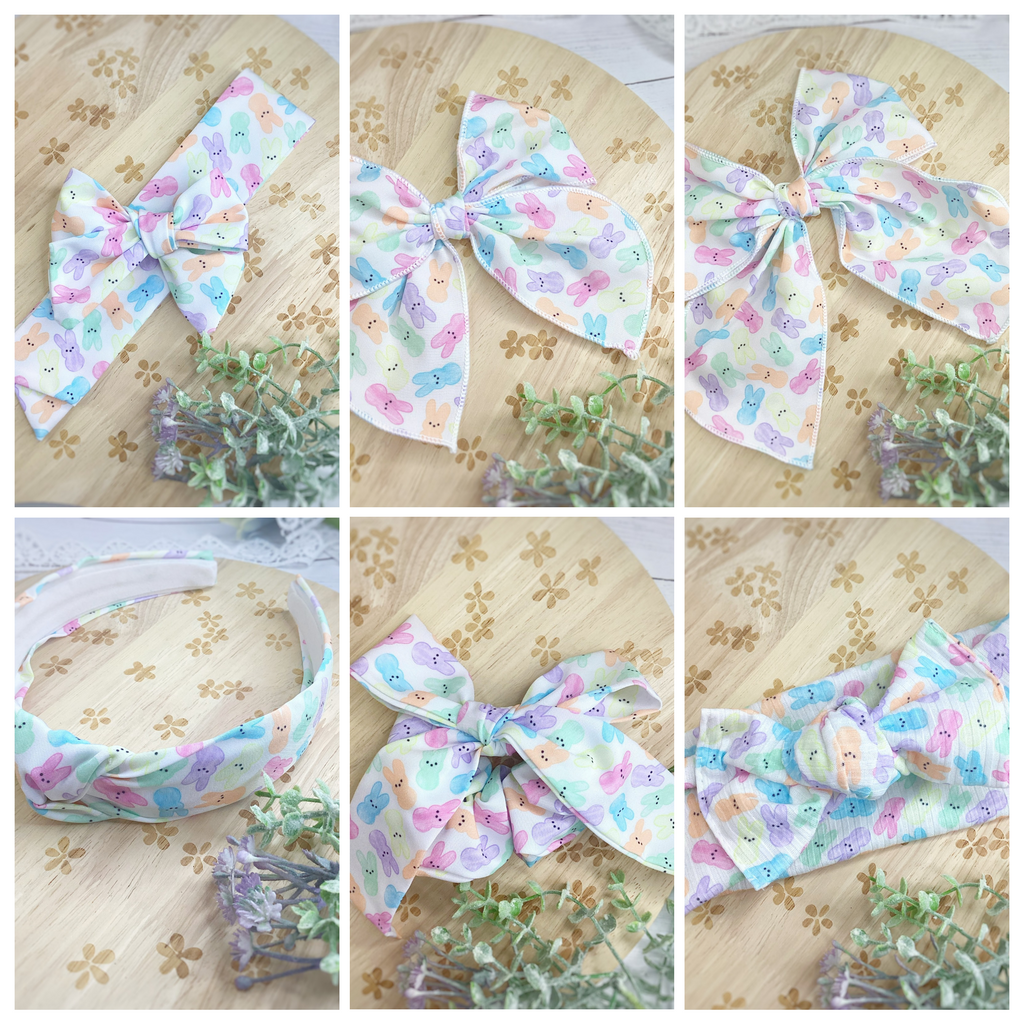 Bunnies Galore Bow Strip, Baby Wrap, Headband and Scrunchie Collection