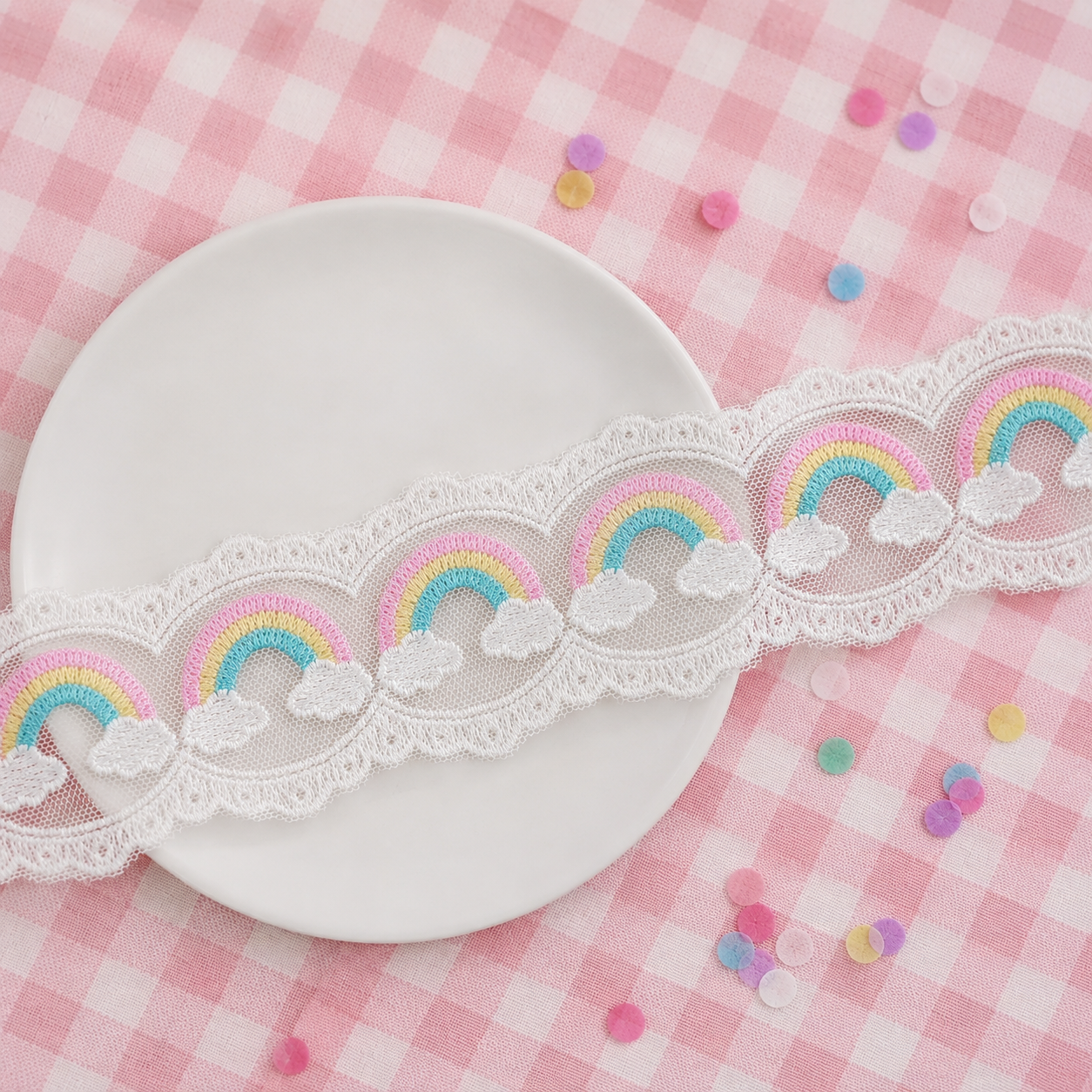 Cotton Candy Pastel Rainbows Bow Lace- RTS