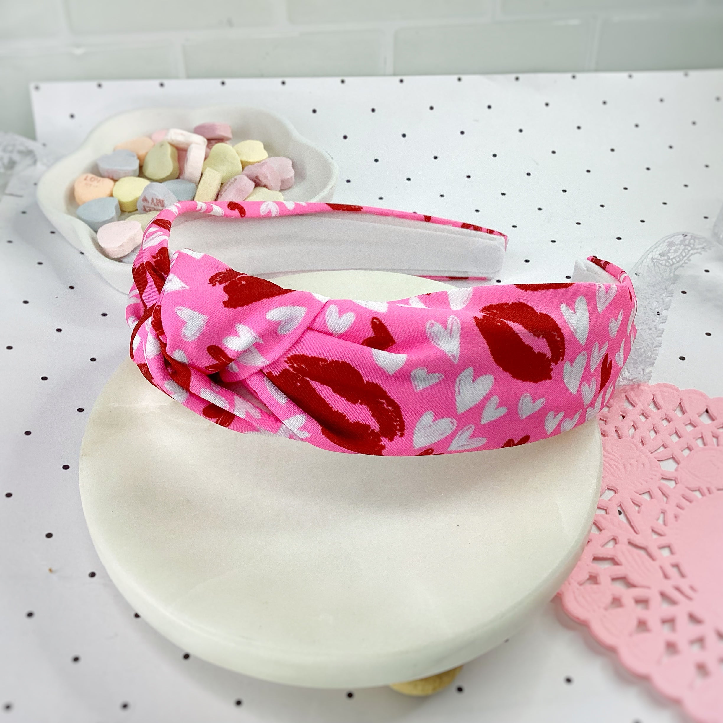 Heart and Kisses Bow Strip, Headband and Scrunchie Collection