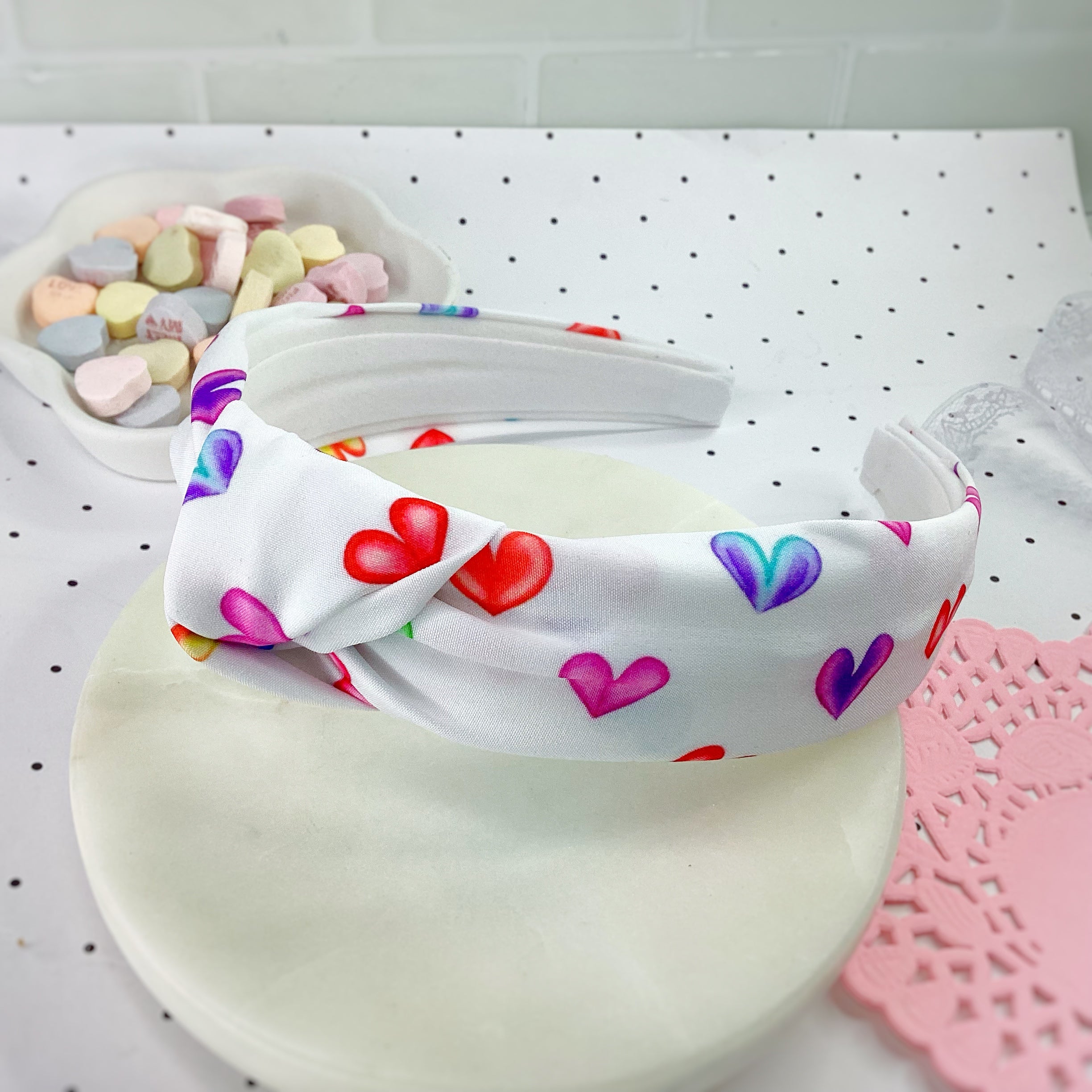 Multicolored Hearts Bow Strip, Headband and Scrunchie Collection