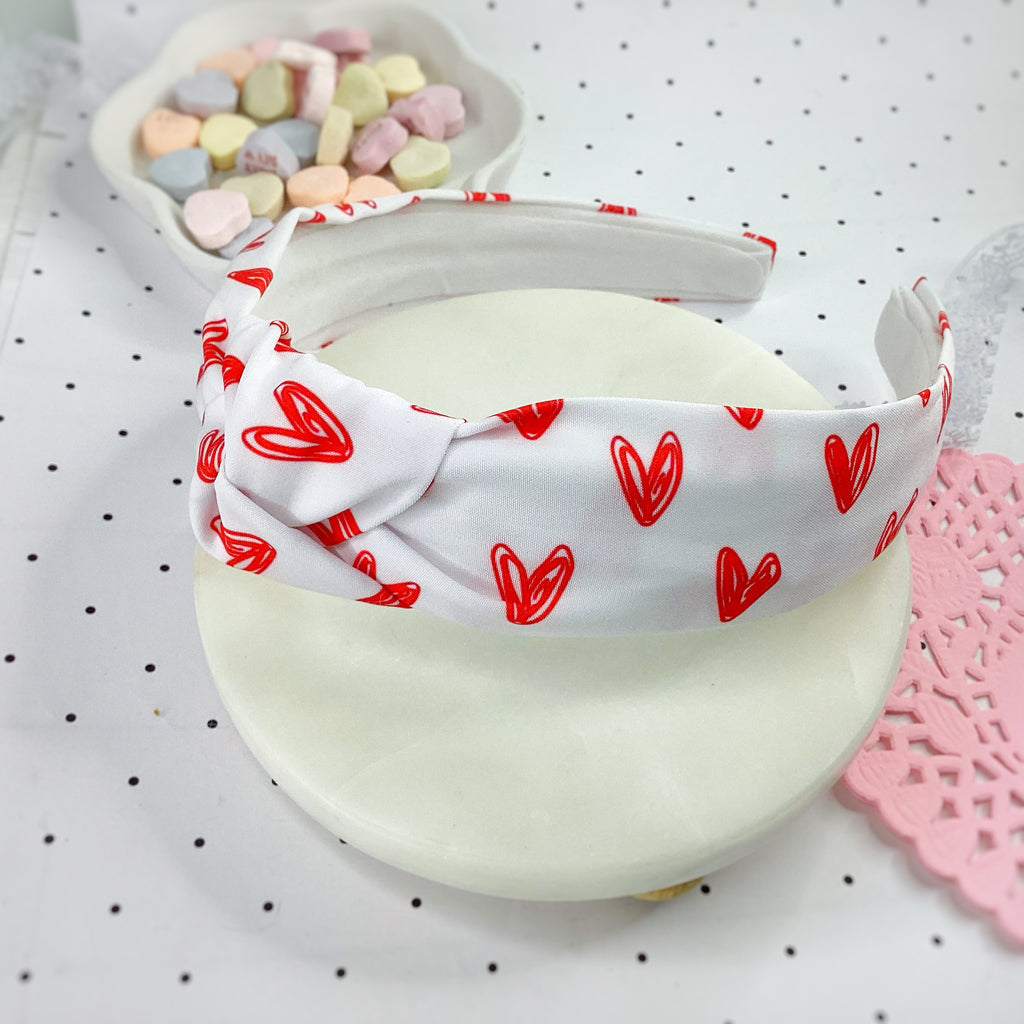 Red Scribble Hearts Bow Strip, Headband and Scrunchie Collection