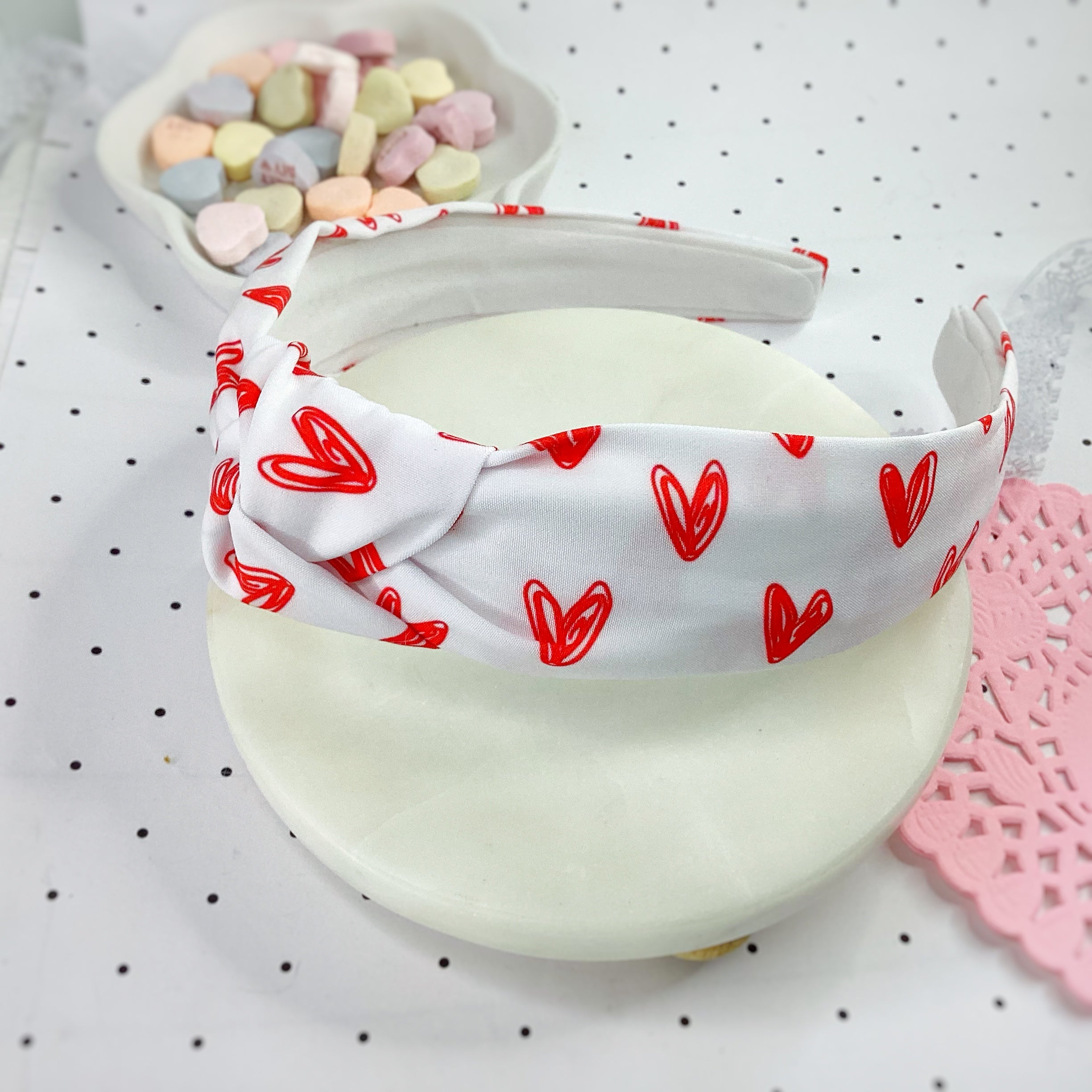 Red Scribble Hearts Bow Strip, Headband and Scrunchie Collection