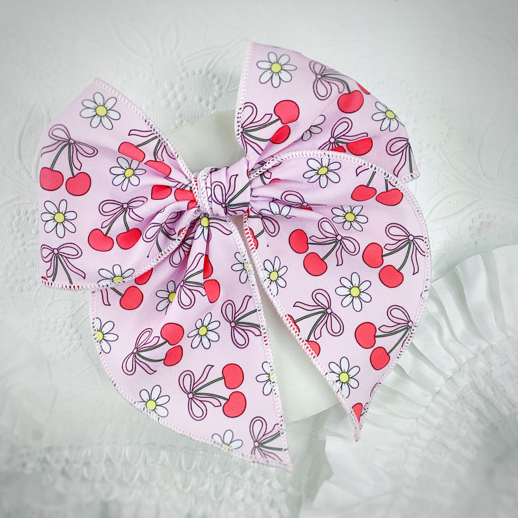 Cherry and Daisy Themed Pre-Tied Bow Strip and Scrunchie Collection