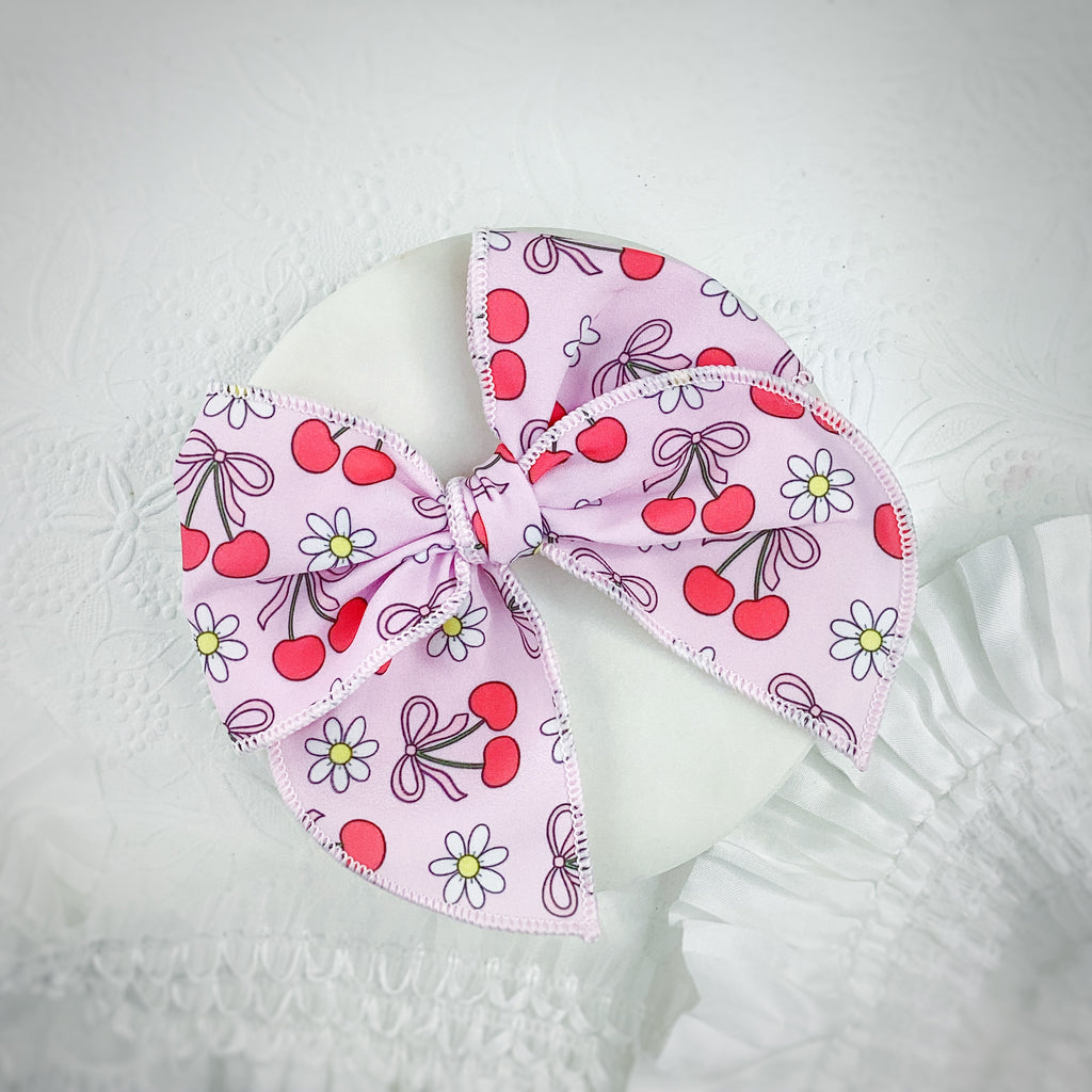 Cherry and Daisy Themed Pre-Tied Bow Strip and Scrunchie Collection