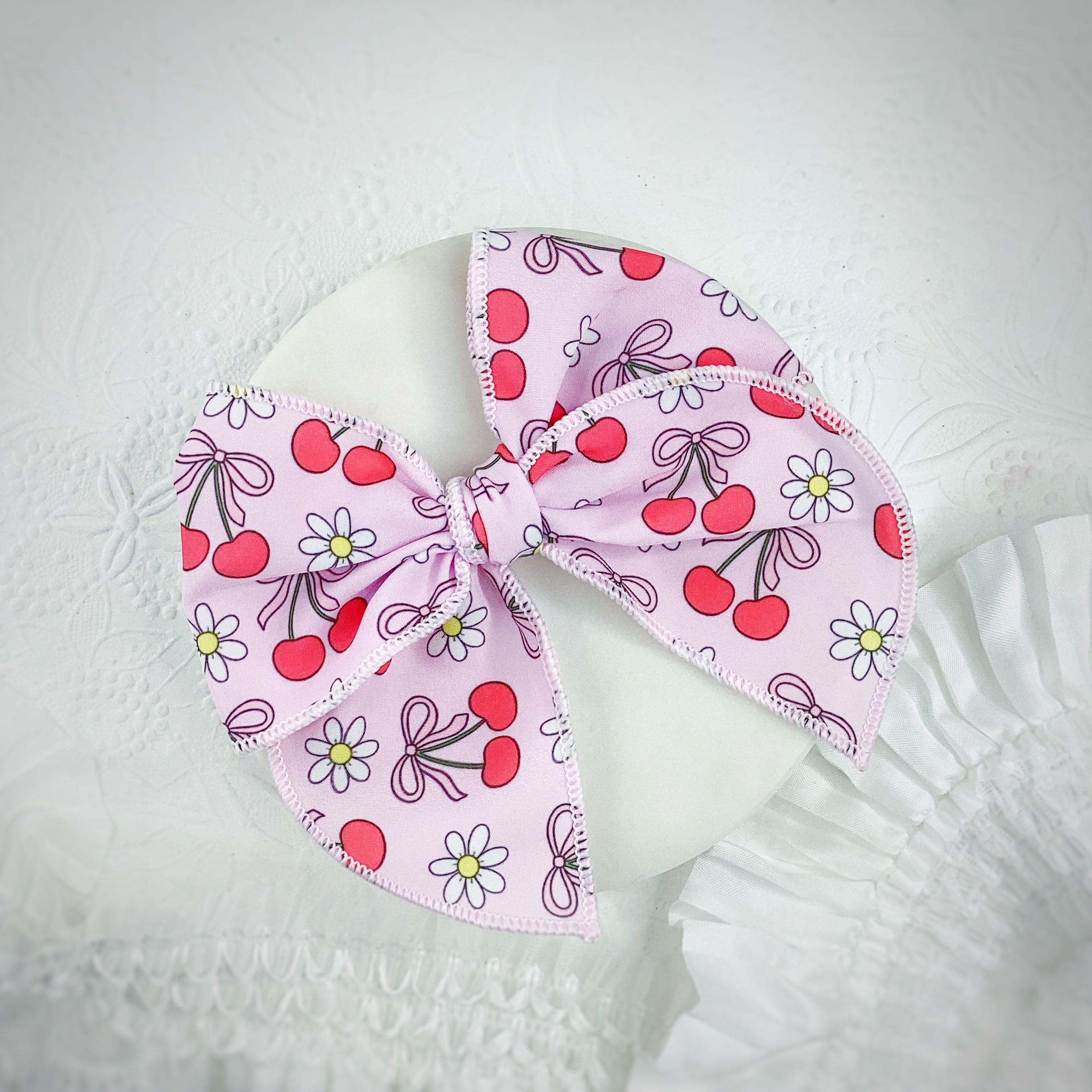Cherry and Daisy Themed Pre-Tied Bow Strip and Scrunchie Collection
