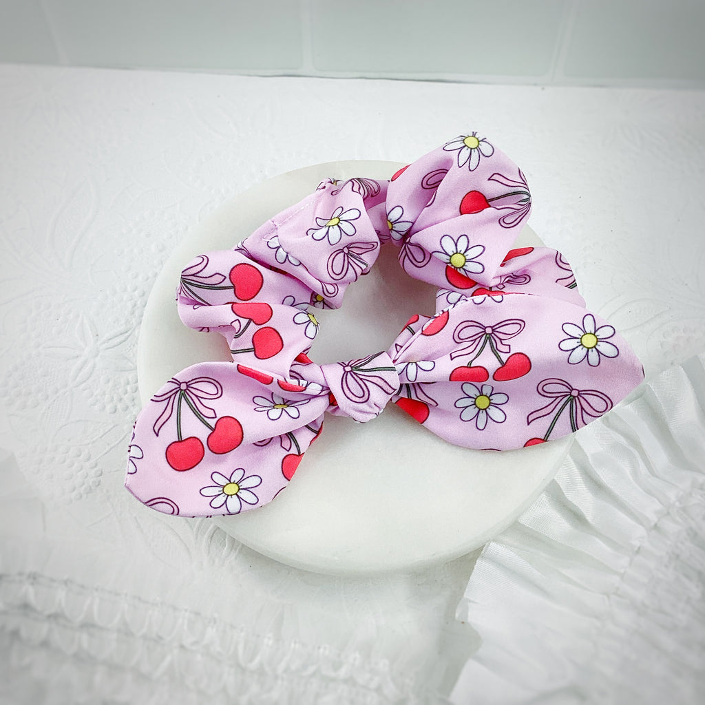 Cherry and Daisy Themed Pre-Tied Bow Strip and Scrunchie Collection