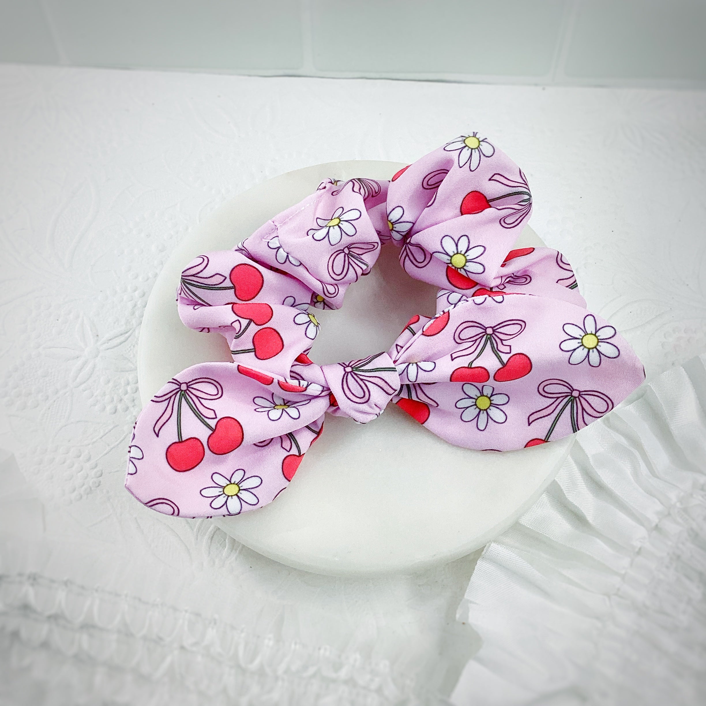 Cherry and Daisy Themed Pre-Tied Bow Strip and Scrunchie Collection