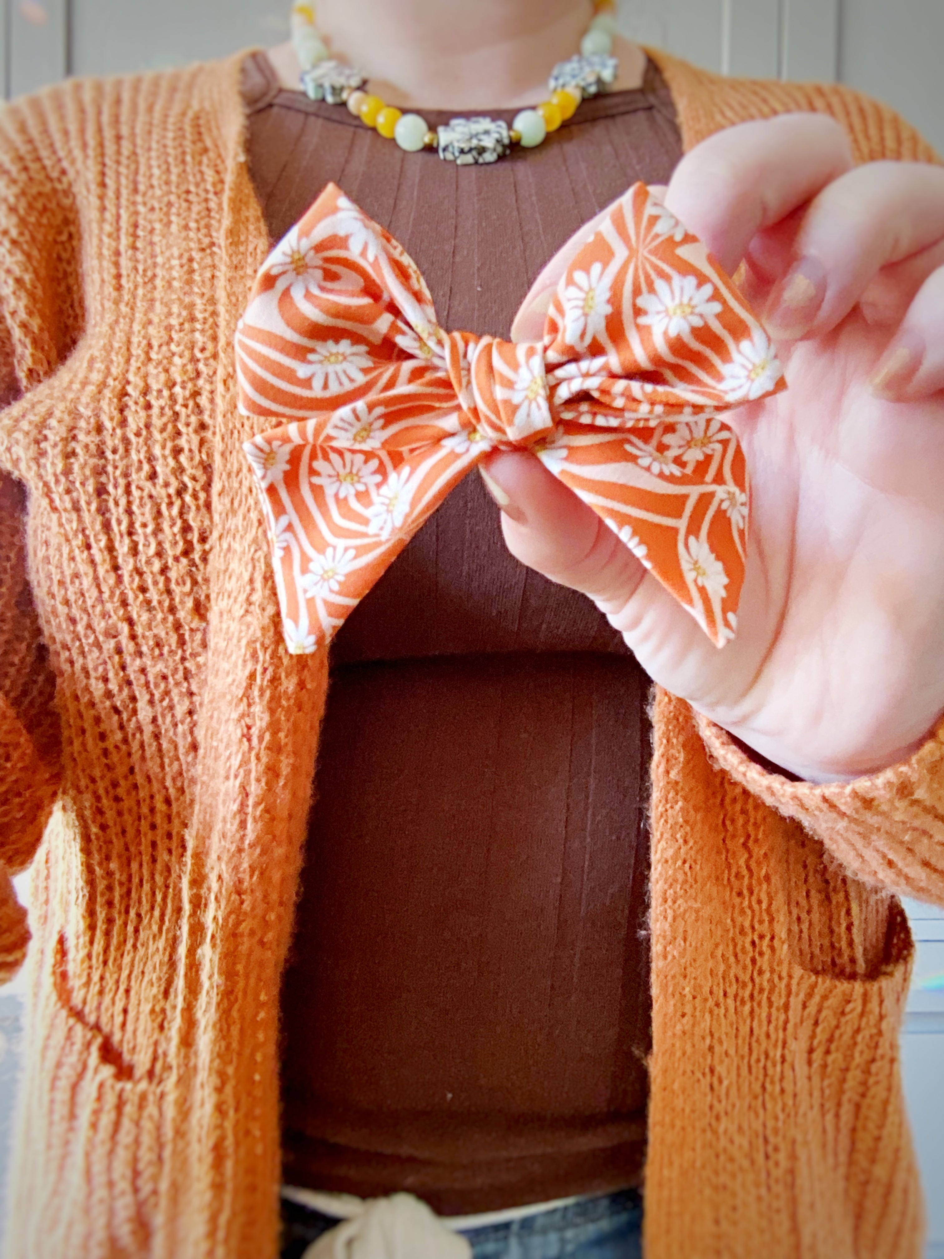 Groovy Rust Daisies Bow Strip, Headband and Scrunchie Collection