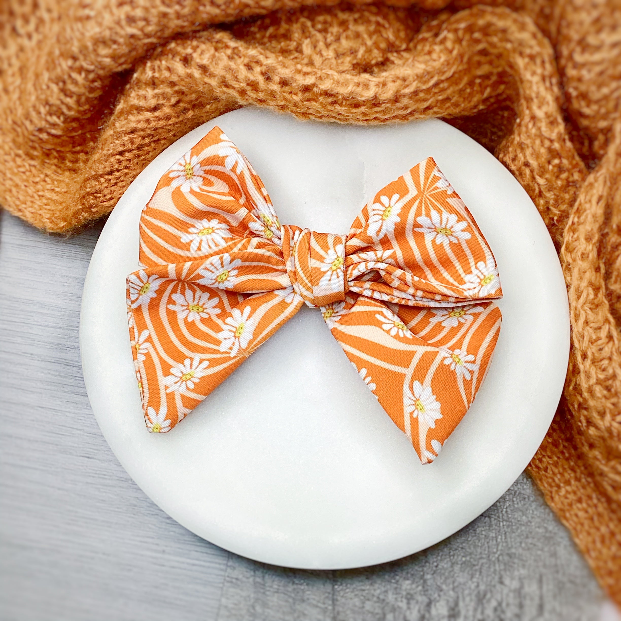 Groovy Rust Daisies Bow Strip, Headband and Scrunchie Collection
