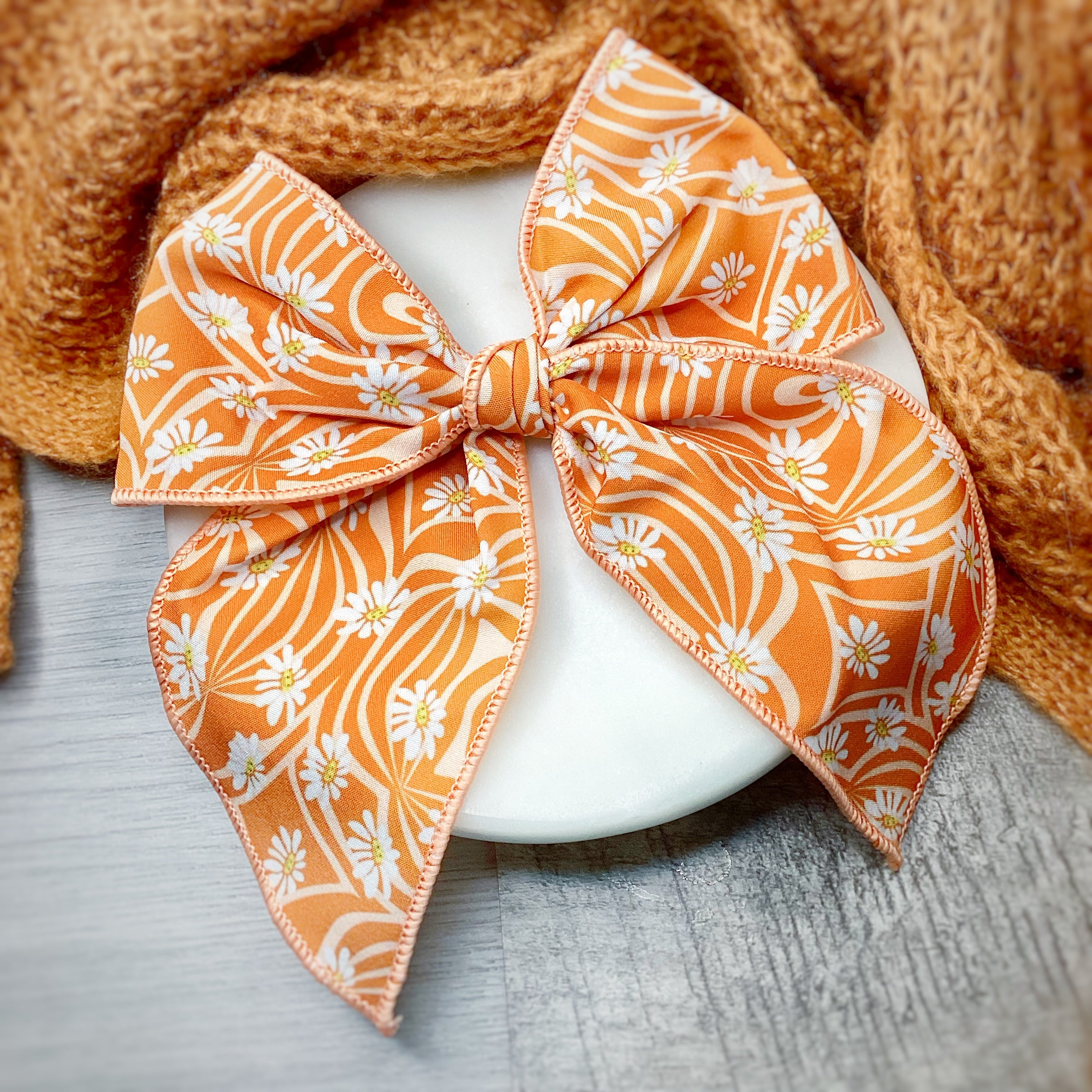 Groovy Rust Daisies Bow Strip, Headband and Scrunchie Collection
