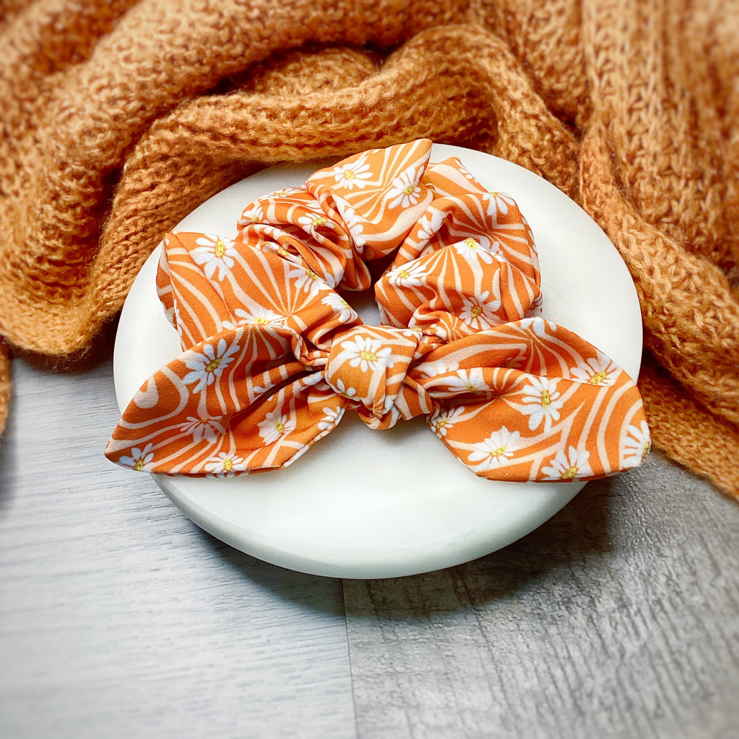 Groovy Rust Daisies Bow Strip, Headband and Scrunchie Collection