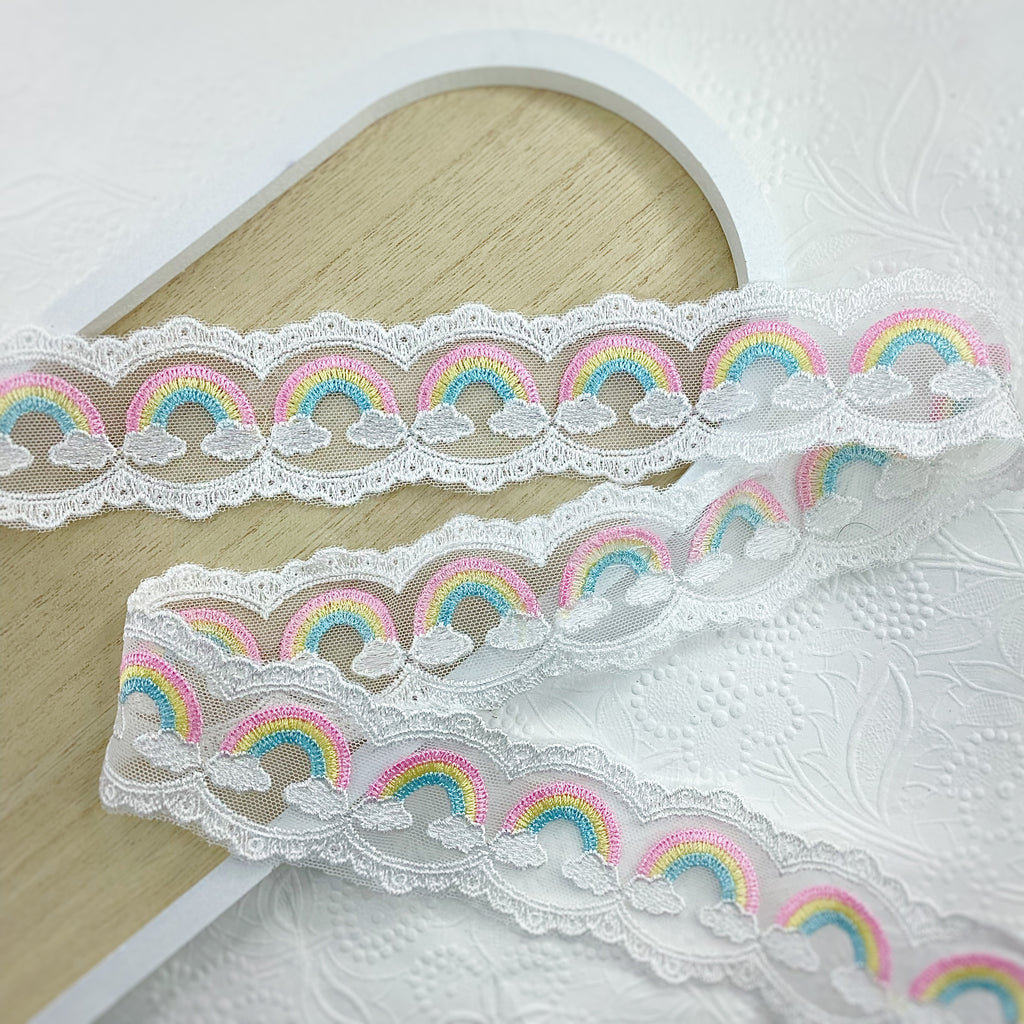 Cotton Candy Pastel Rainbows Bow Lace- RTS