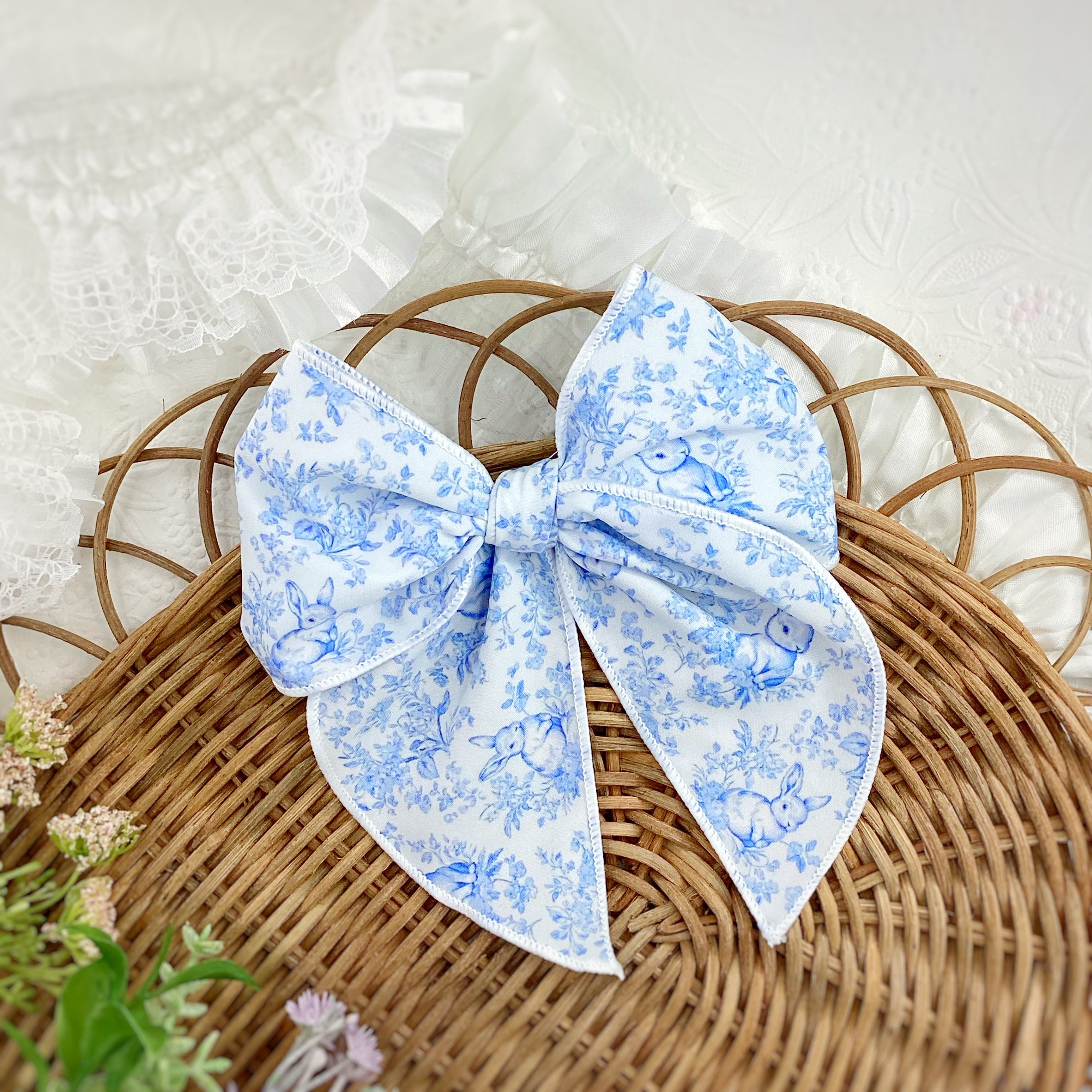 Blue Chinoise Bunnies Bow Strip and Headband Collection