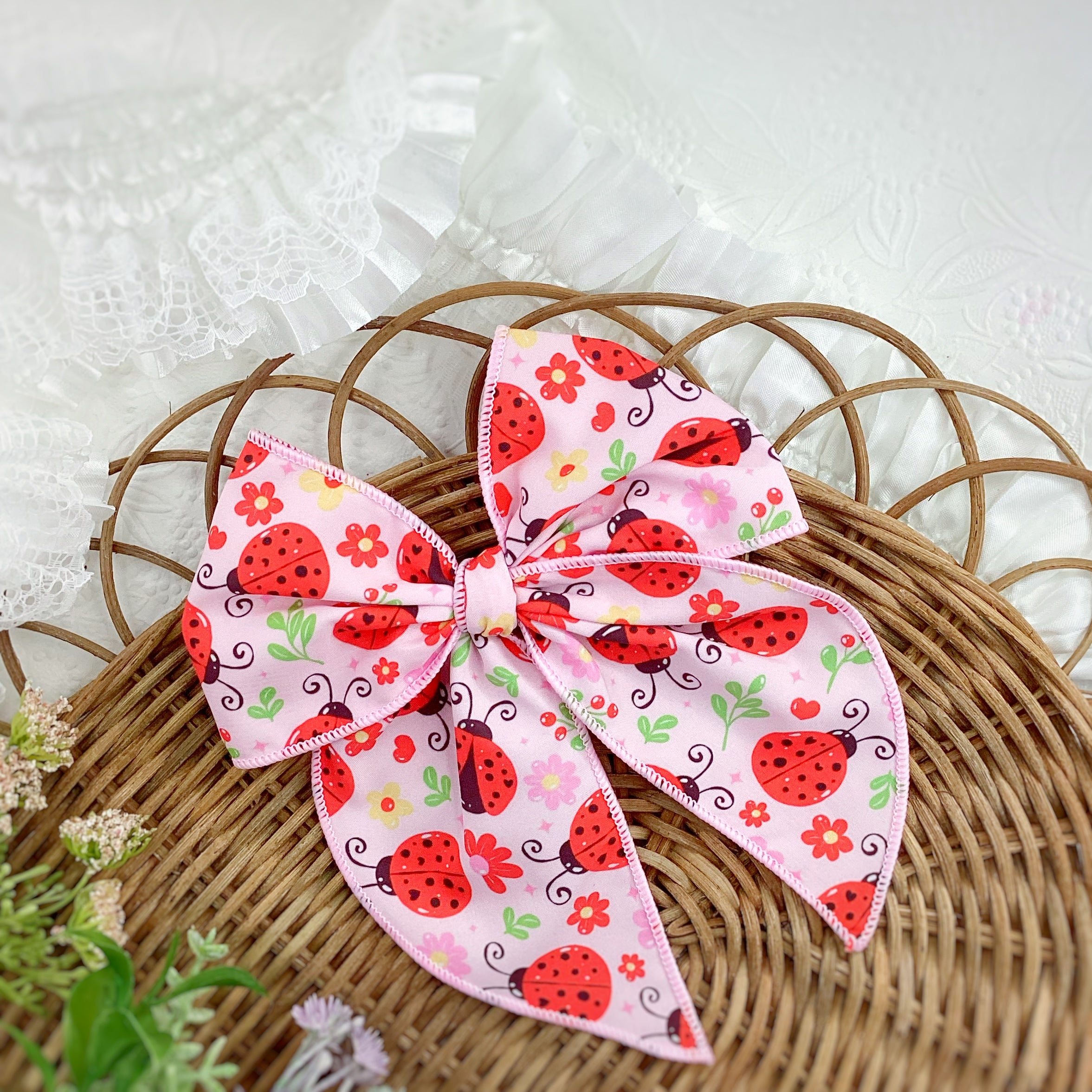 Pink and Red Ladybugs Scrunchie, Bow Strip and Headband Collection