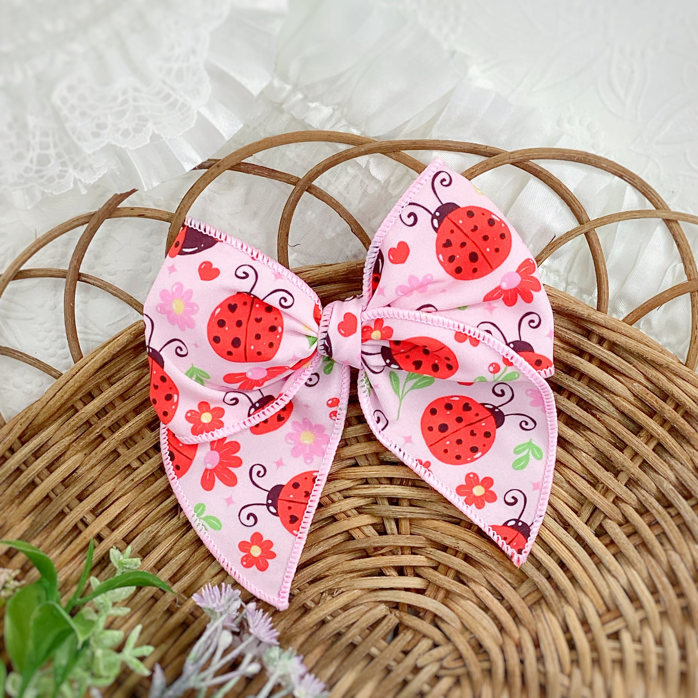 Pink and Red Ladybugs Scrunchie, Bow Strip and Headband Collection