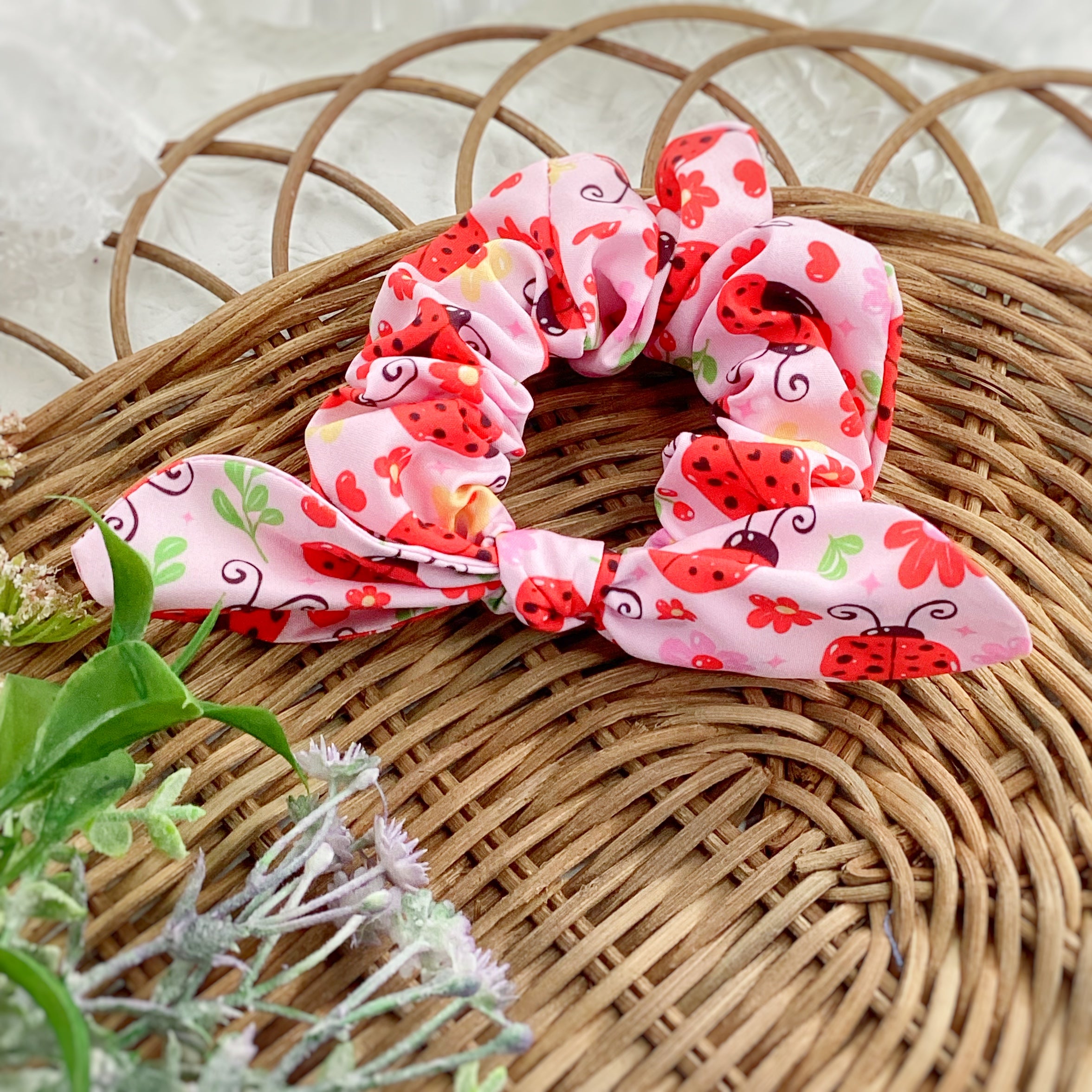 Pink and Red Ladybugs Scrunchie, Bow Strip and Headband Collection