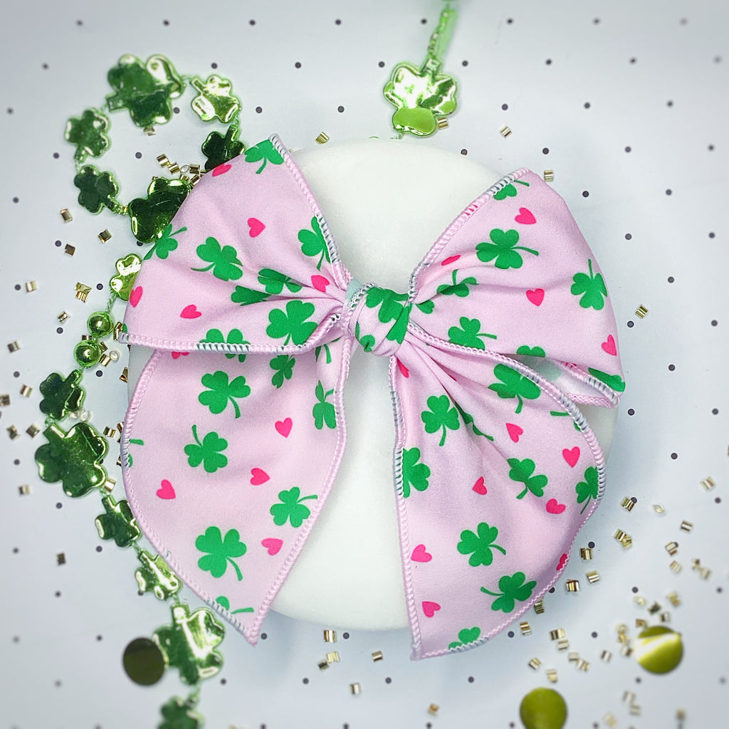 Pink Hearts and Shamrocks Bow Strip, Headband and Scrunchie Collection