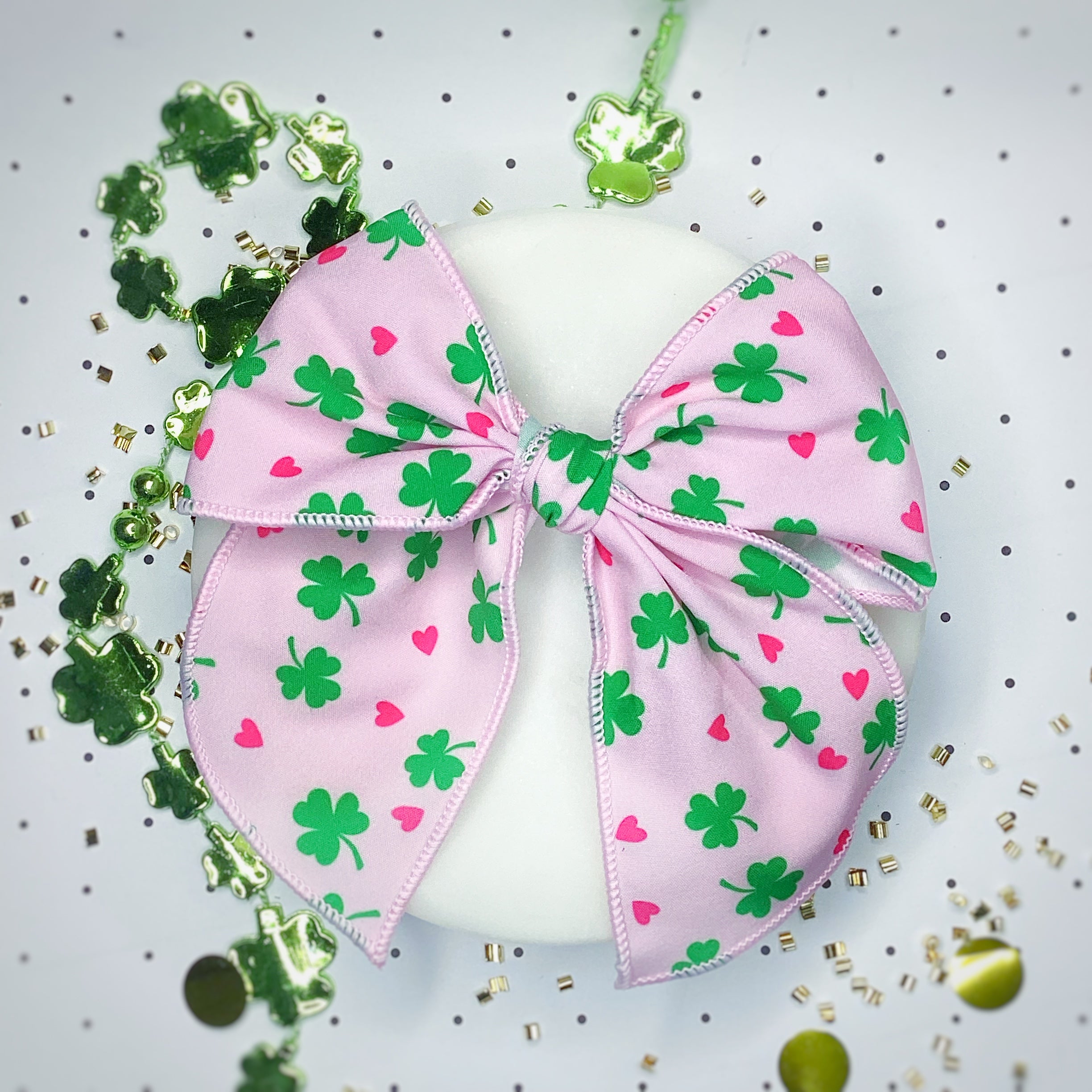 Pink Hearts and Shamrocks Bow Strip, Headband and Scrunchie Collection