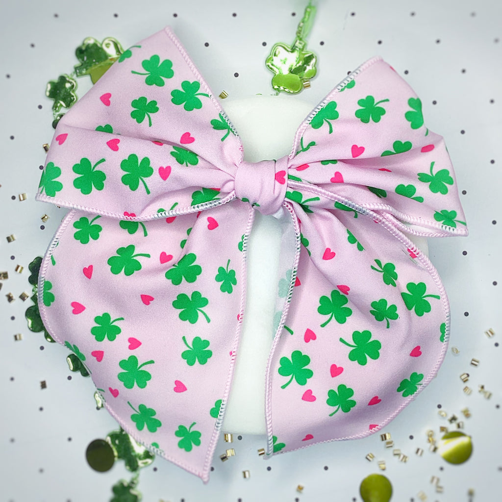 Pink Hearts and Shamrocks Bow Strip, Headband and Scrunchie Collection