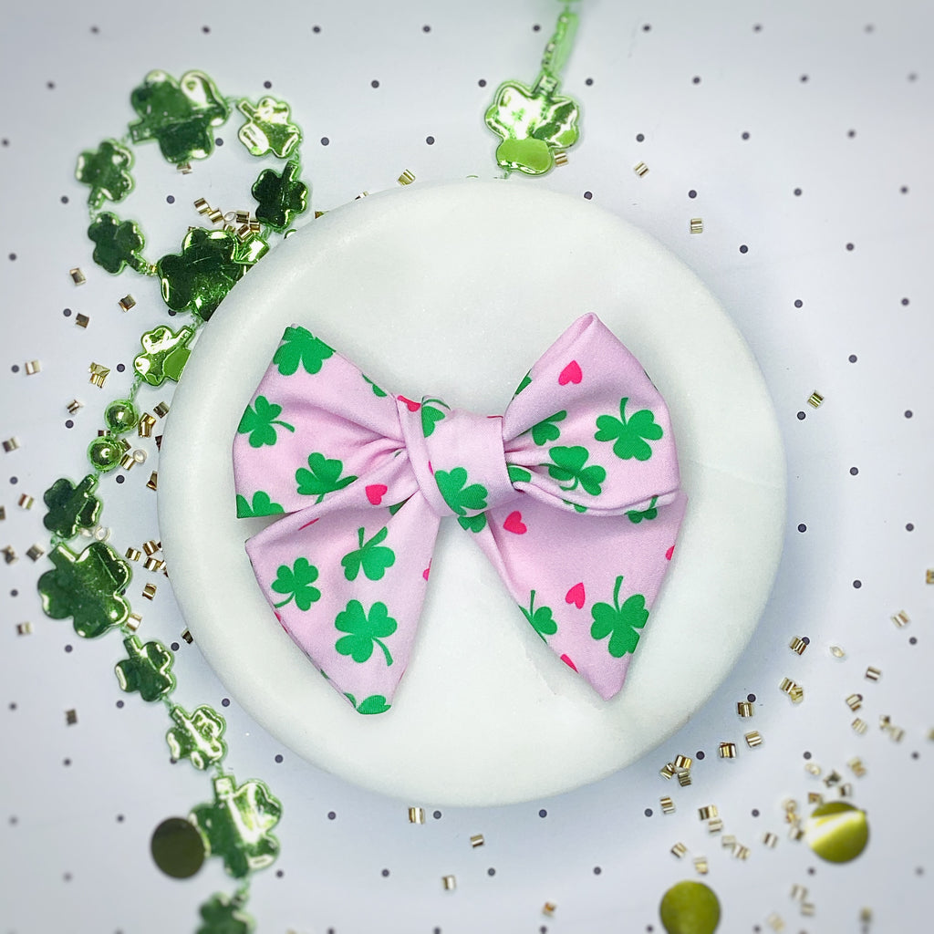 Pink Hearts and Shamrocks Bow Strip, Headband and Scrunchie Collection