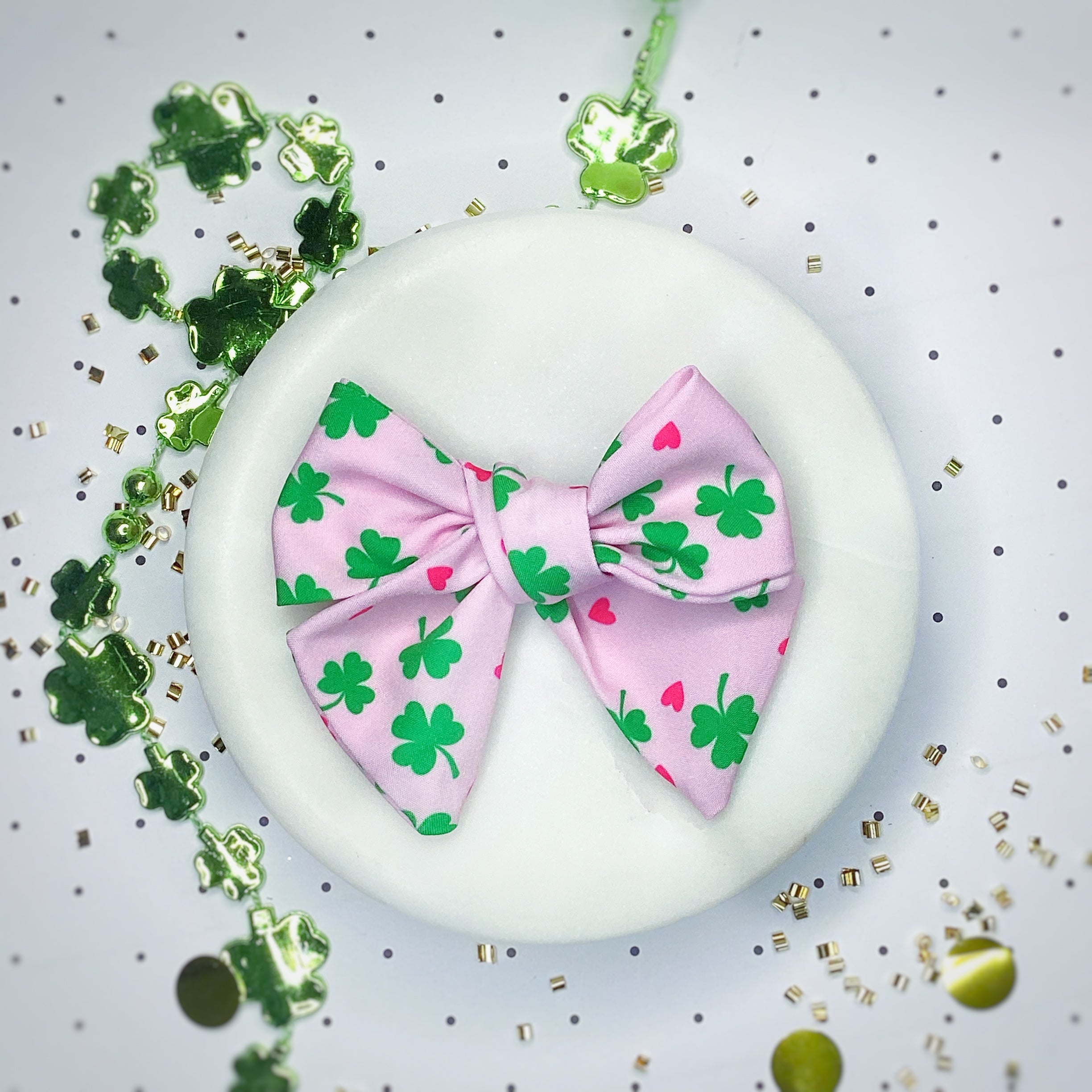 Pink Hearts and Shamrocks Bow Strip, Headband and Scrunchie Collection