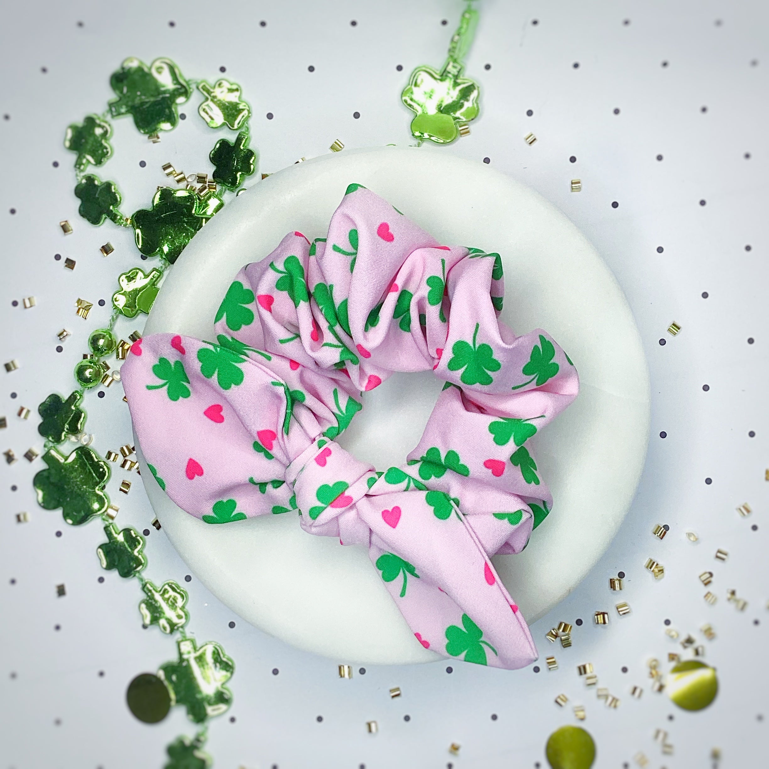 Pink Hearts and Shamrocks Bow Strip, Headband and Scrunchie Collection