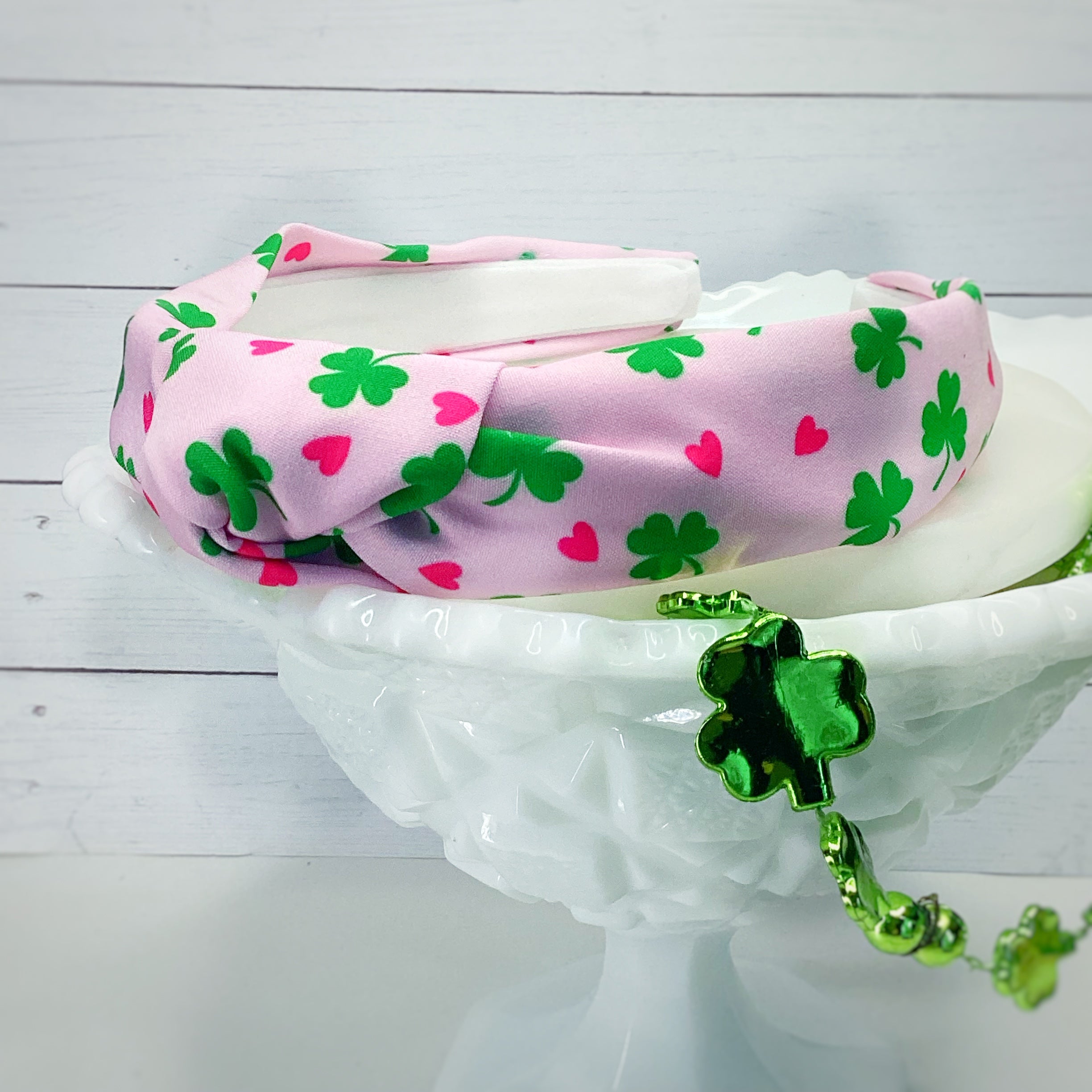 Pink Hearts and Shamrocks Bow Strip, Headband and Scrunchie Collection