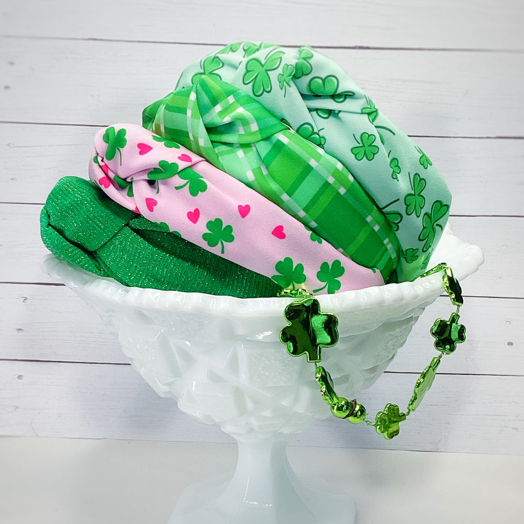 Pink Hearts and Shamrocks Bow Strip, Headband and Scrunchie Collection