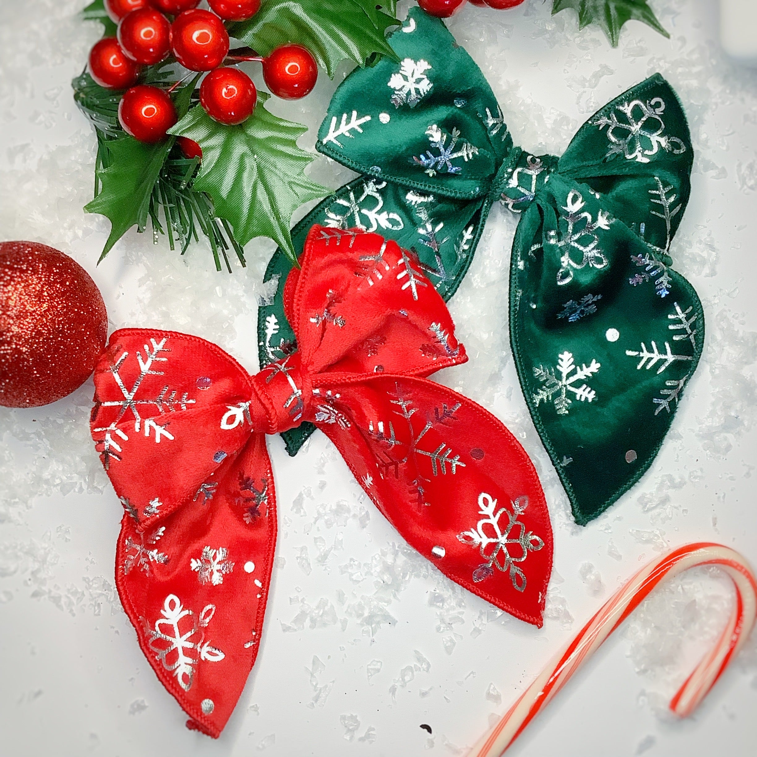 Sparkly Foil Snowflake Bow Strip, Headband and Scrunchie Collection