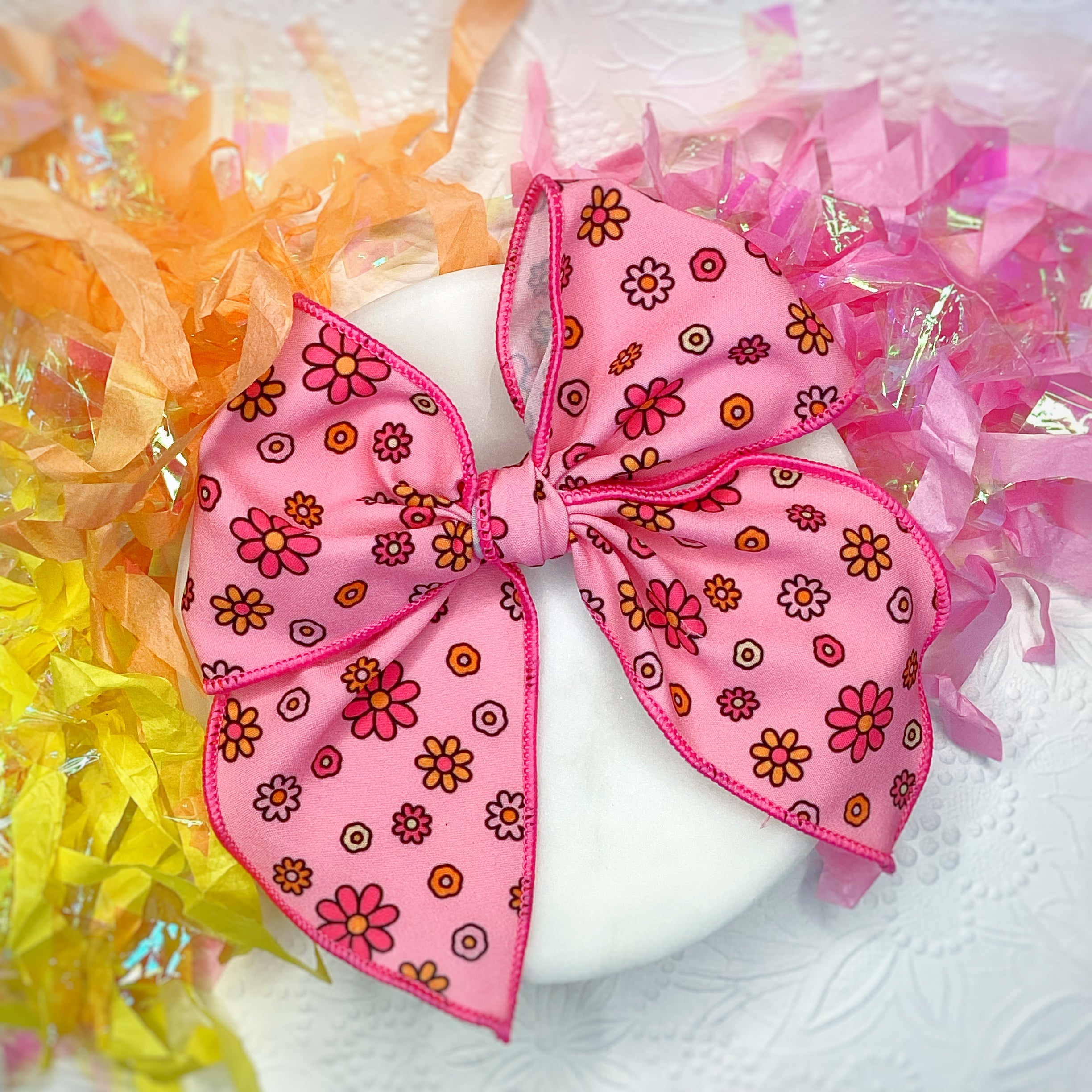Bright Pink Daisies Bow Strip, Headband and Scrunchie Collection