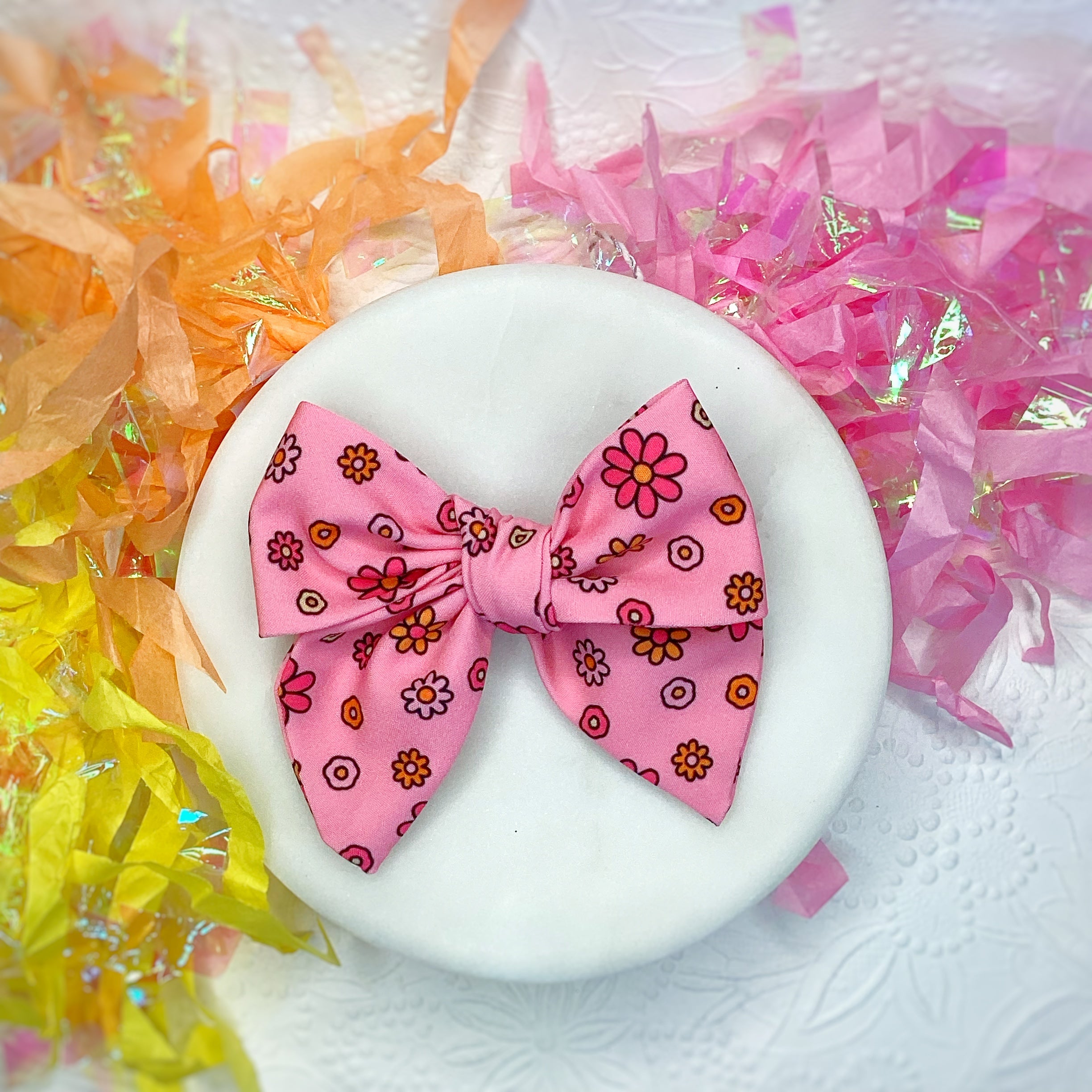 Bright Pink Daisies Bow Strip, Headband and Scrunchie Collection