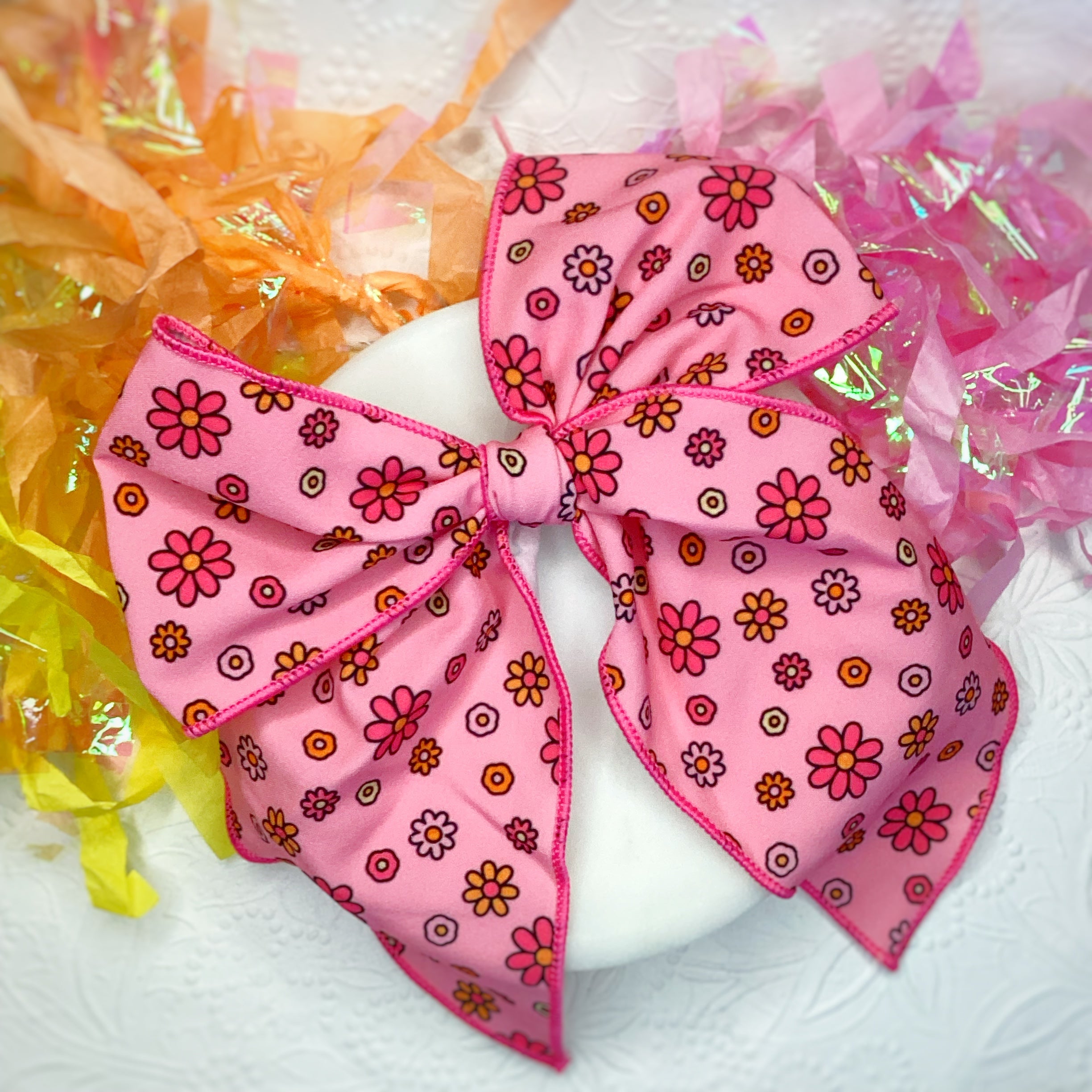 Bright Pink Daisies Bow Strip, Headband and Scrunchie Collection