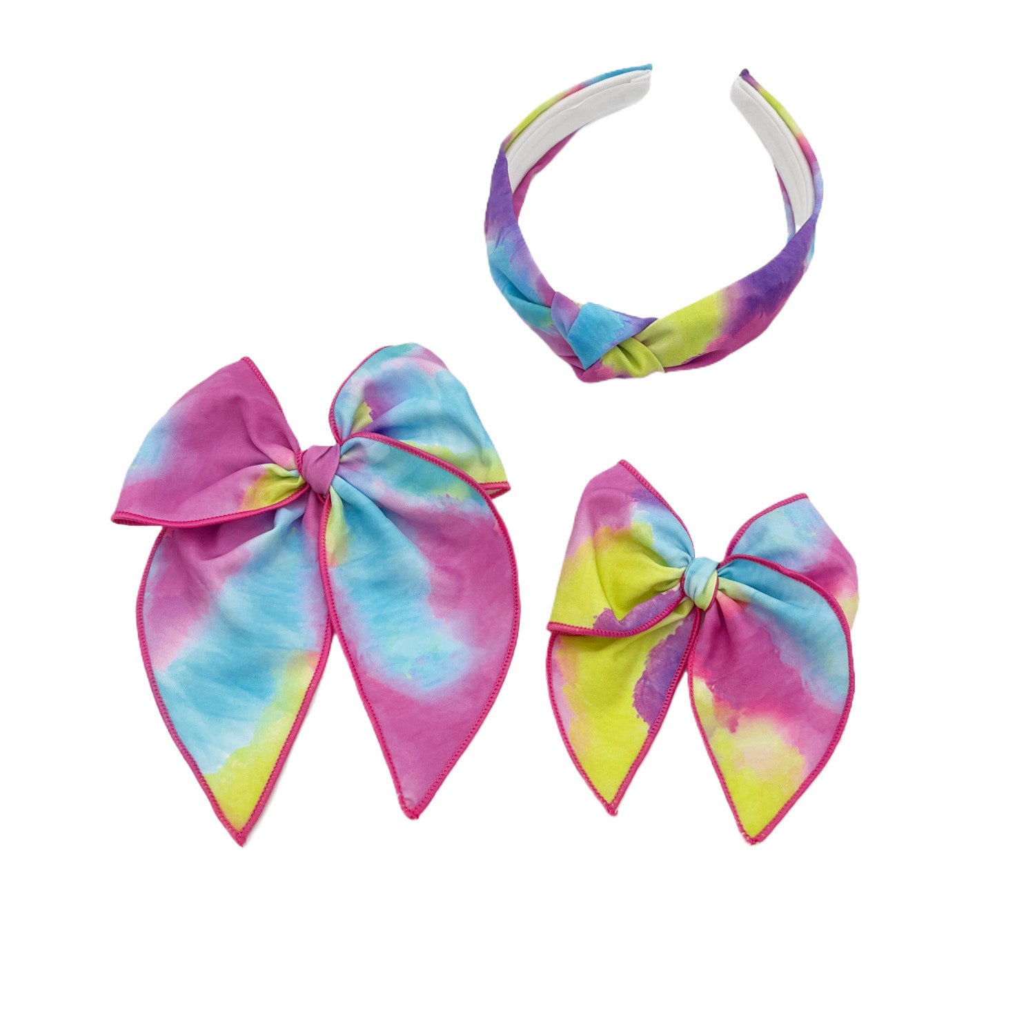 Bright Tie Dye Scrunchie, Bow Strip and Headband Collection