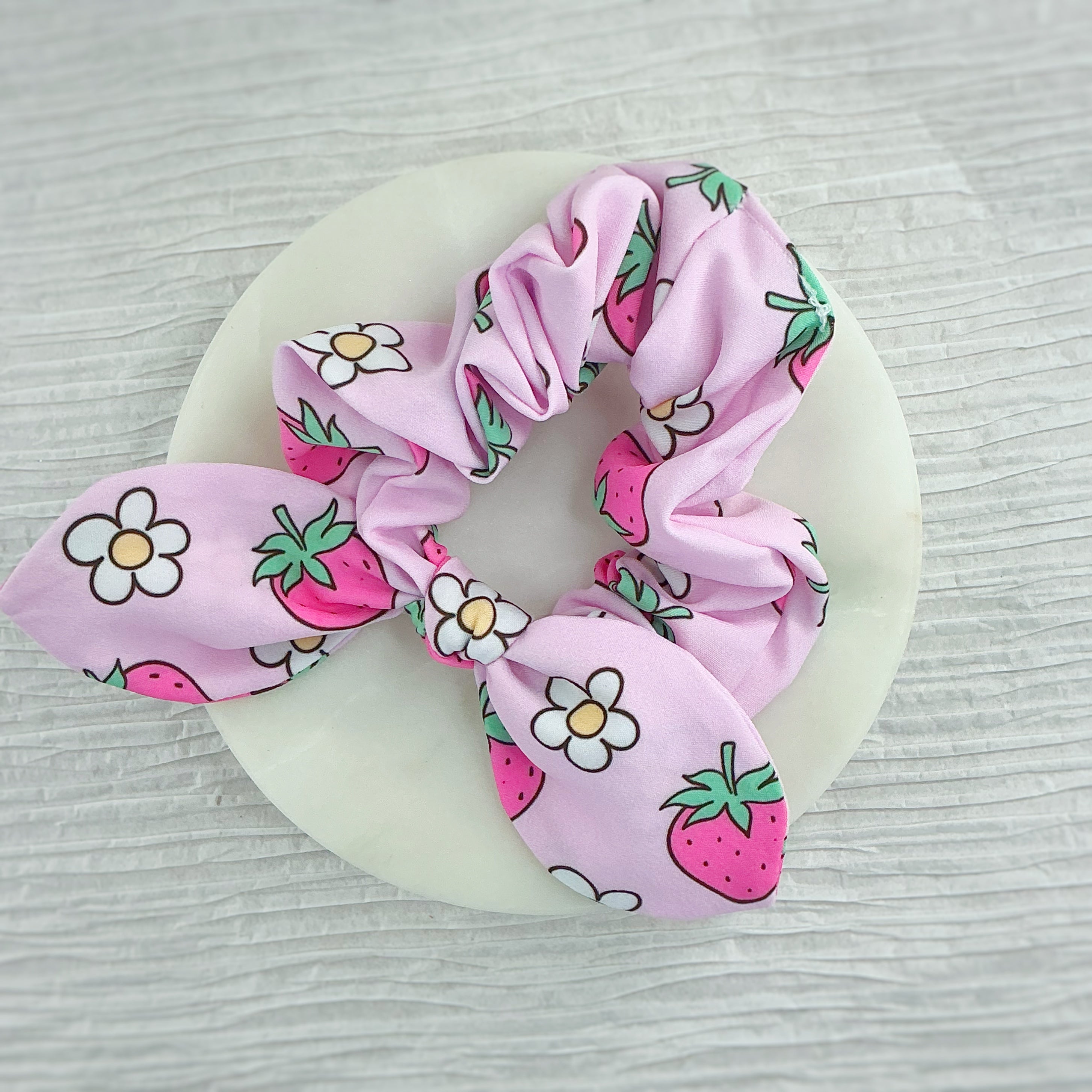 Pink Strawberry Blossoms Pre-Tied Bow Strip and Scrunchie Collection