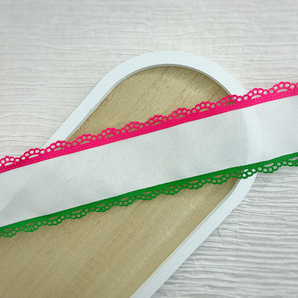 2.5” Pink and Green Burlap and Twill Scalloped Ribbon