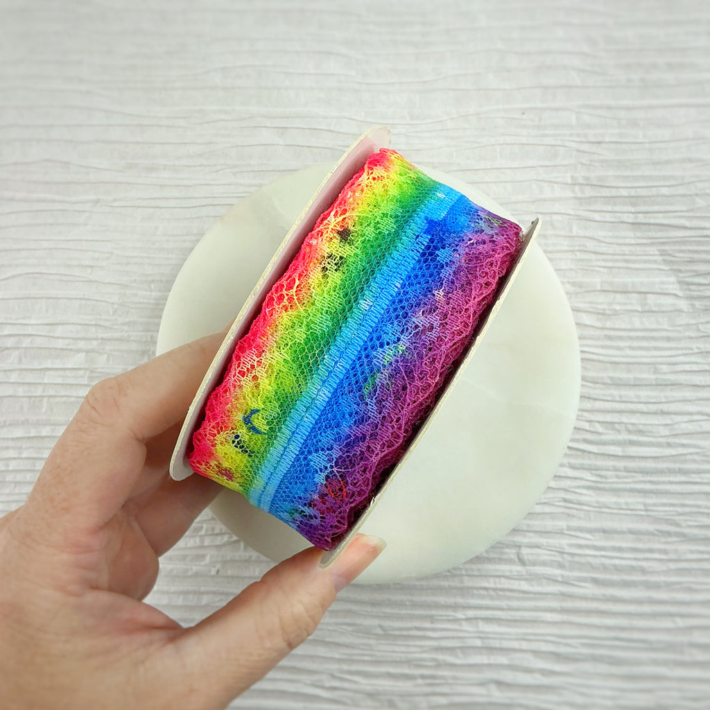 Ombré Primary Color Rainbow with Stamped Design Lace Trim- RTS