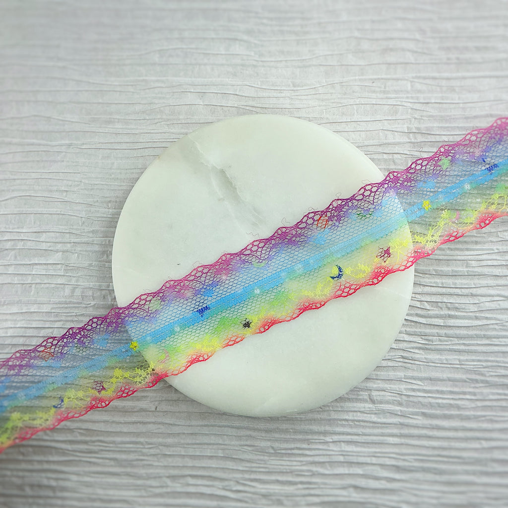 Ombré Primary Color Rainbow with Stamped Design Lace Trim- RTS