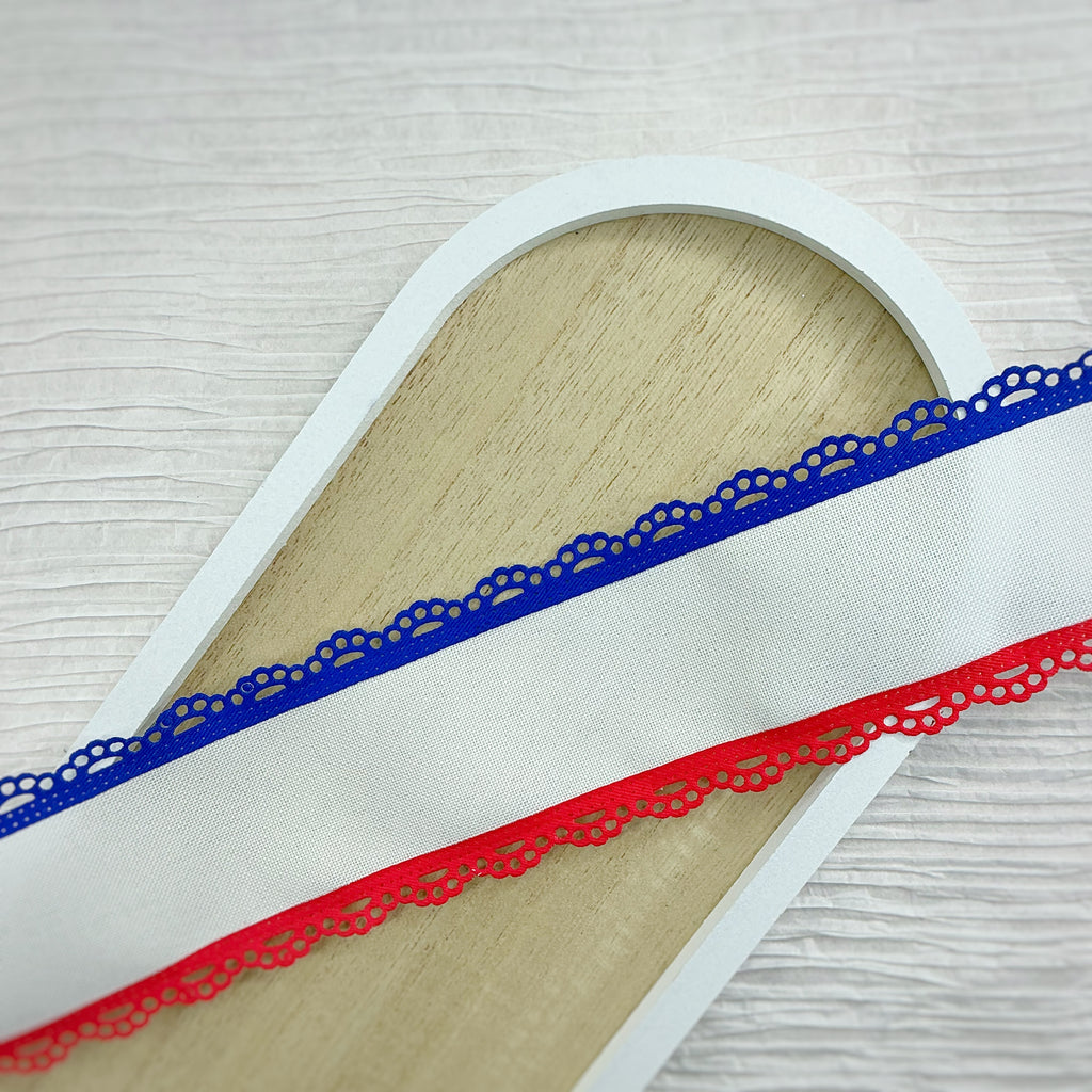 2.5” Red White and Blue Burlap and Twill Scalloped Ribbon