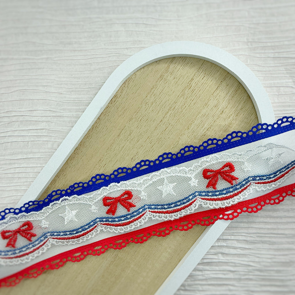 2.5” Red White and Blue Burlap and Twill Scalloped Ribbon
